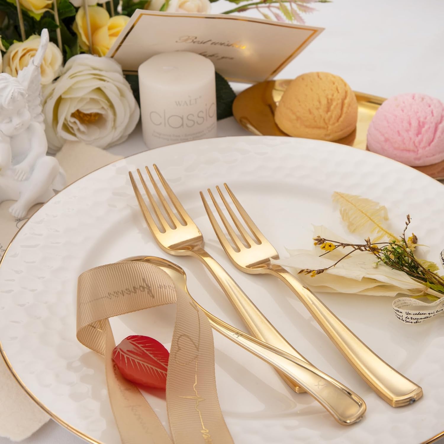 WDF300 Pieces Gold Plastic Silverware - Heavy Duty Disposable Gold Cutlery Set Plastic Gold Silverware Set Plastic Includes 100 Forks, 100 Spoons, 100 Knives