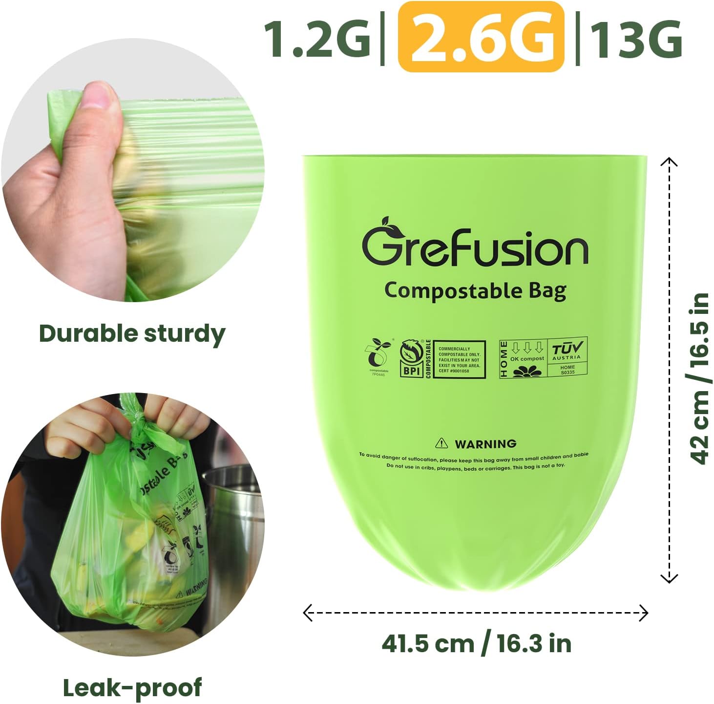 Compostable Bags for Kitchen Compost Bin, 1.2 Gallon, 125 Count, Certified by BPI and ASTM, Leakproof and Odor Control