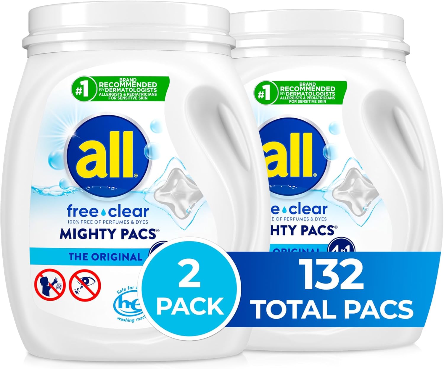 All Mighty Pacs Laundry Detergent, Free Clear for Sensitive Skin, Tub, 60 Count