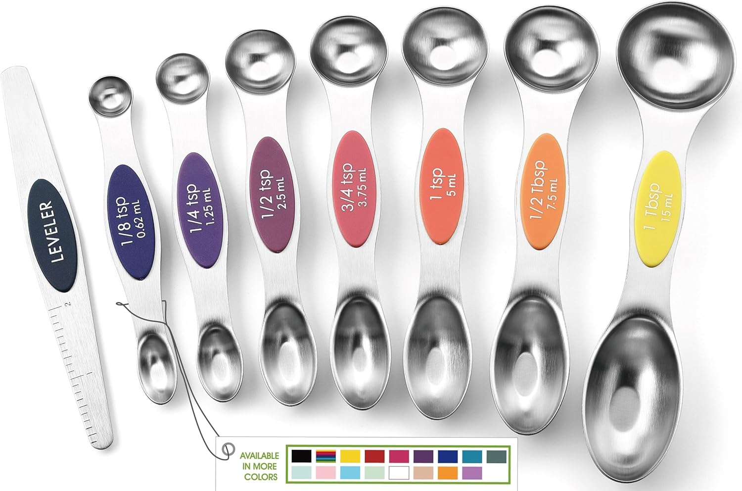 Spring Chef Magnetic Measuring Spoons Set with Strong N45 Magnets, Heavy Duty Stainless Steel Metal, Fits in Most Kitchen Spice Jars for Baking & Cooking, BPA Free, Black, Set of 8 with Leveler