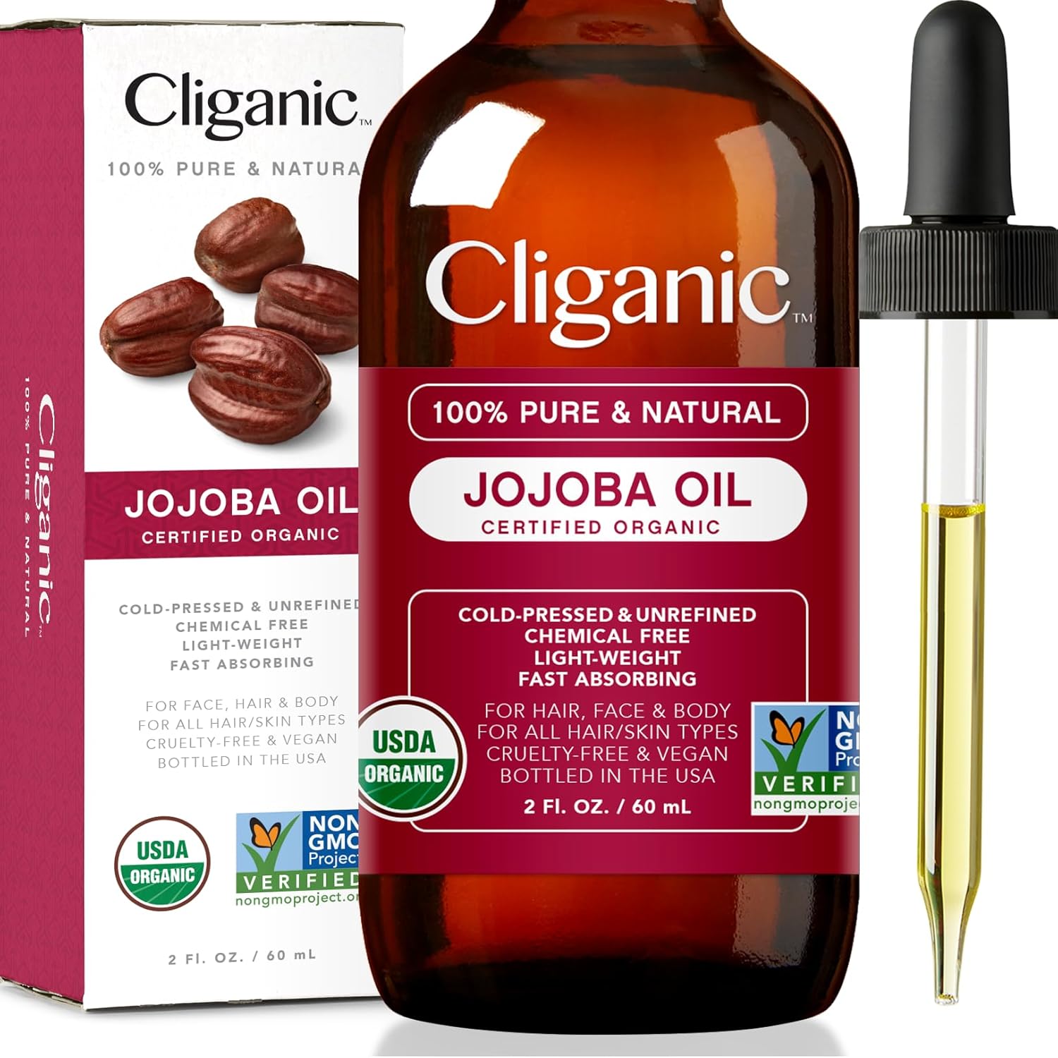 Cliganic Organic Jojoba Oil, 100% Pure (4oz) | Moisturizing Oil for Face, Hair, Skin & Nails | Natural Cold Pressed Hexane Free | Base Carrier Oil