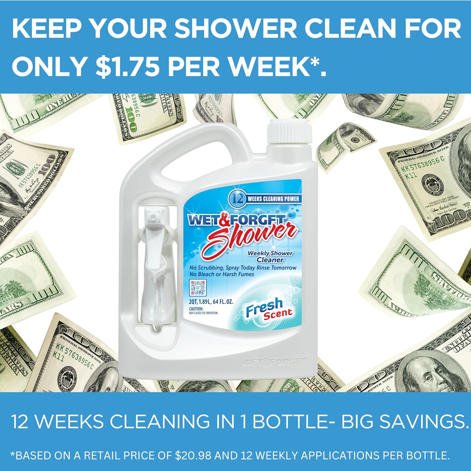 Wet & Forget Shower Cleaner Spray Multi-Surface Weekly Application Requires No Scrubbing, Bleach-Free Formula, Ready to Use, Fresh Scent, 3 Months of Cleaning, 64 Fluid Ounces, 1 Pack