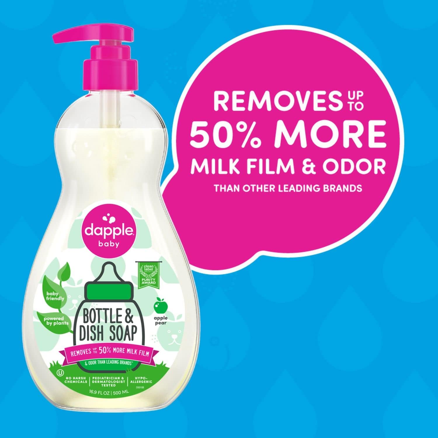 Dapple Baby, Bottle and Dish Soap Dish Liquid Plant Based Hypoallergenic 1 Pump Included, Packaging May Vary, Fragrance Free, 16.9 Fl Oz (Pack of 3)