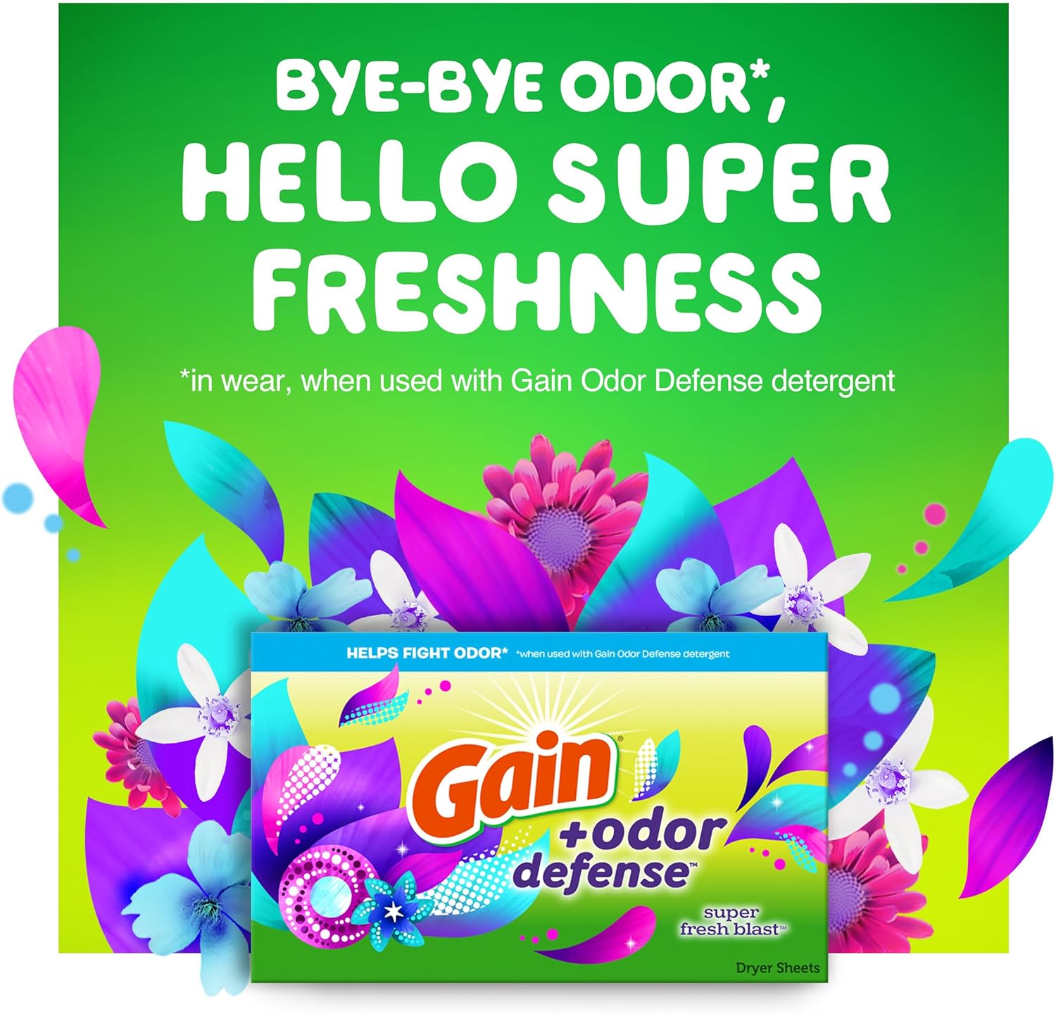 Gain + Odor Defense Dryer Sheets, Super Fresh Blast Scent Fabric Softener Sheets, 240 ct