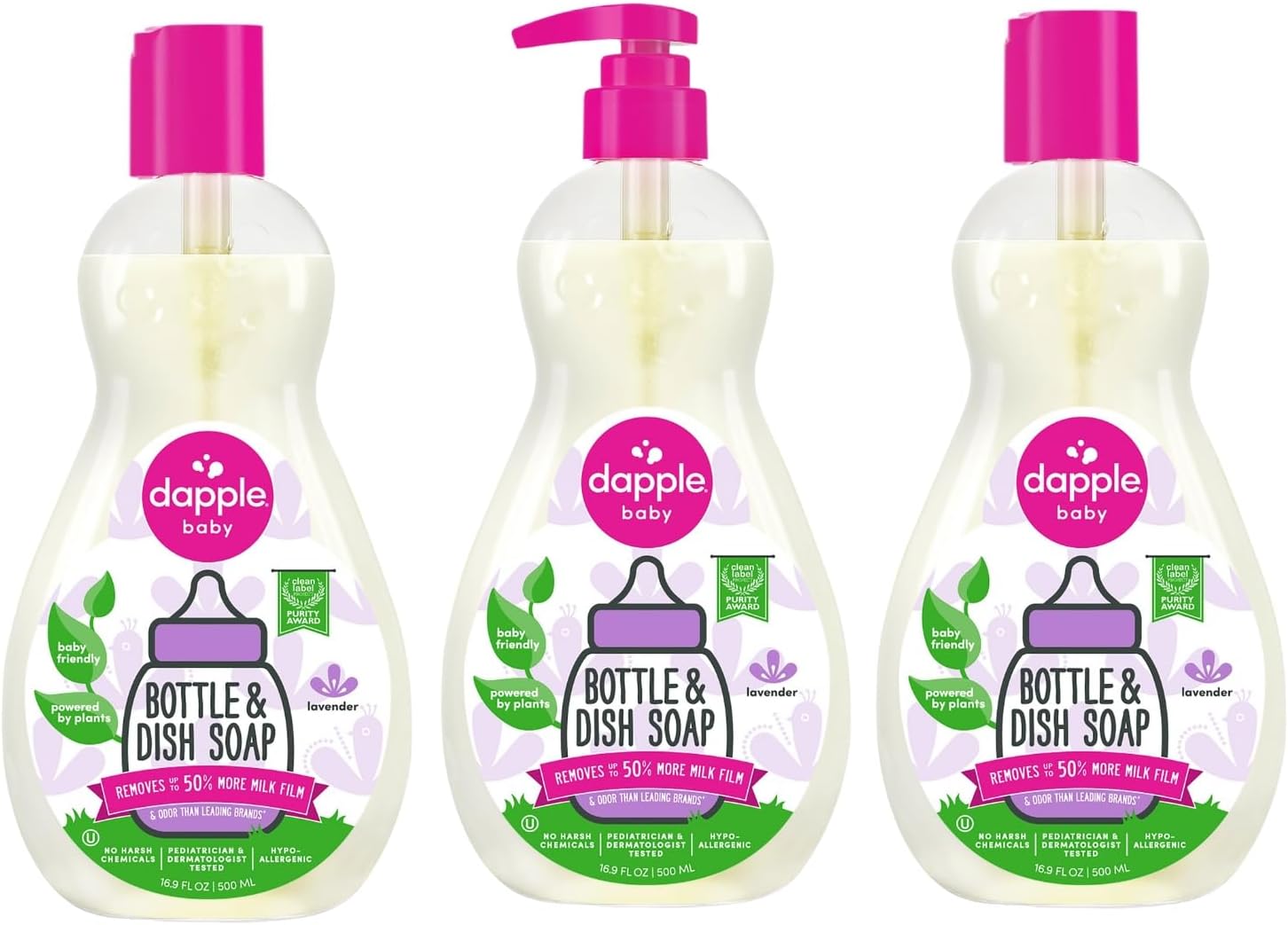Dapple Baby Bottle Soap, Hypoallergenic Dish Soap for Baby Bottles, Powered by Plants, 1 Pump Included, Packaging May Vary, Fragrance Free, 16.9 Fl Oz (Pack of 3)