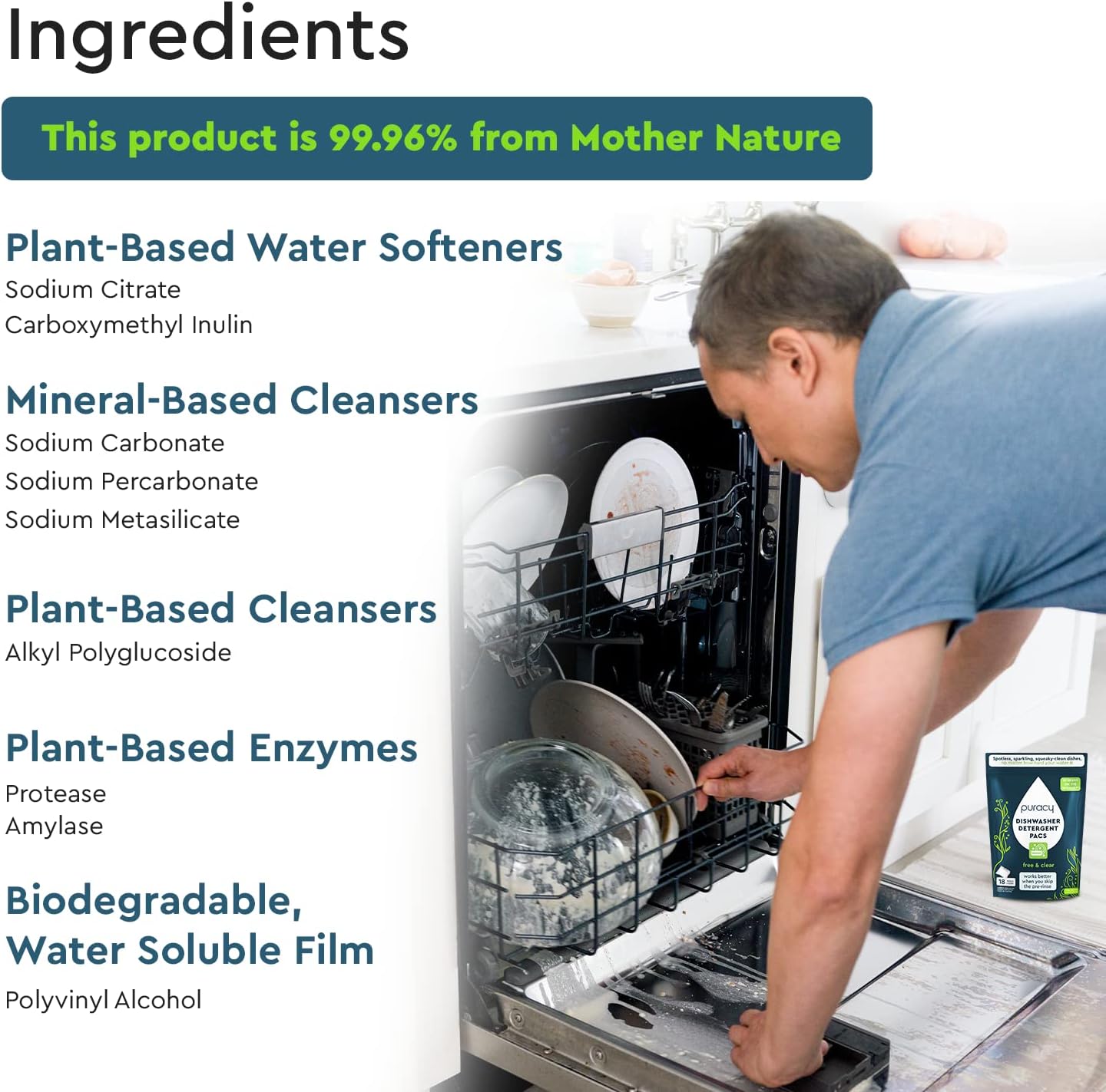 Puracy Dishwasher Pods 50 Count, Natural Dishwasher Detergent, Free & Clear Dish Tabs, Tiktok Trend Items, Enzyme-Powered, Spot & Residue-Free, Must Haves from Tiktok Made Me Buy It