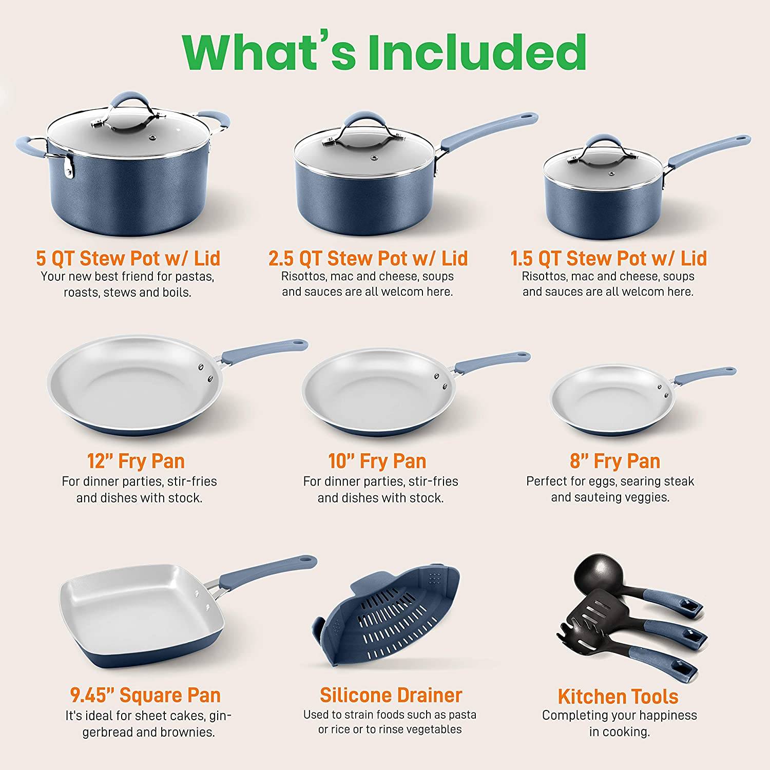 20-Piece Nonstick Kitchen PTFE/PFOA/PFOS-Free Heat Resistant Silicone Handles Cookware Bakeware Set w/Saucepan, Frying Pans, Cooking, Oven Pot, Lids, Utensil, -NCCW20SBLU, One Size, Navy