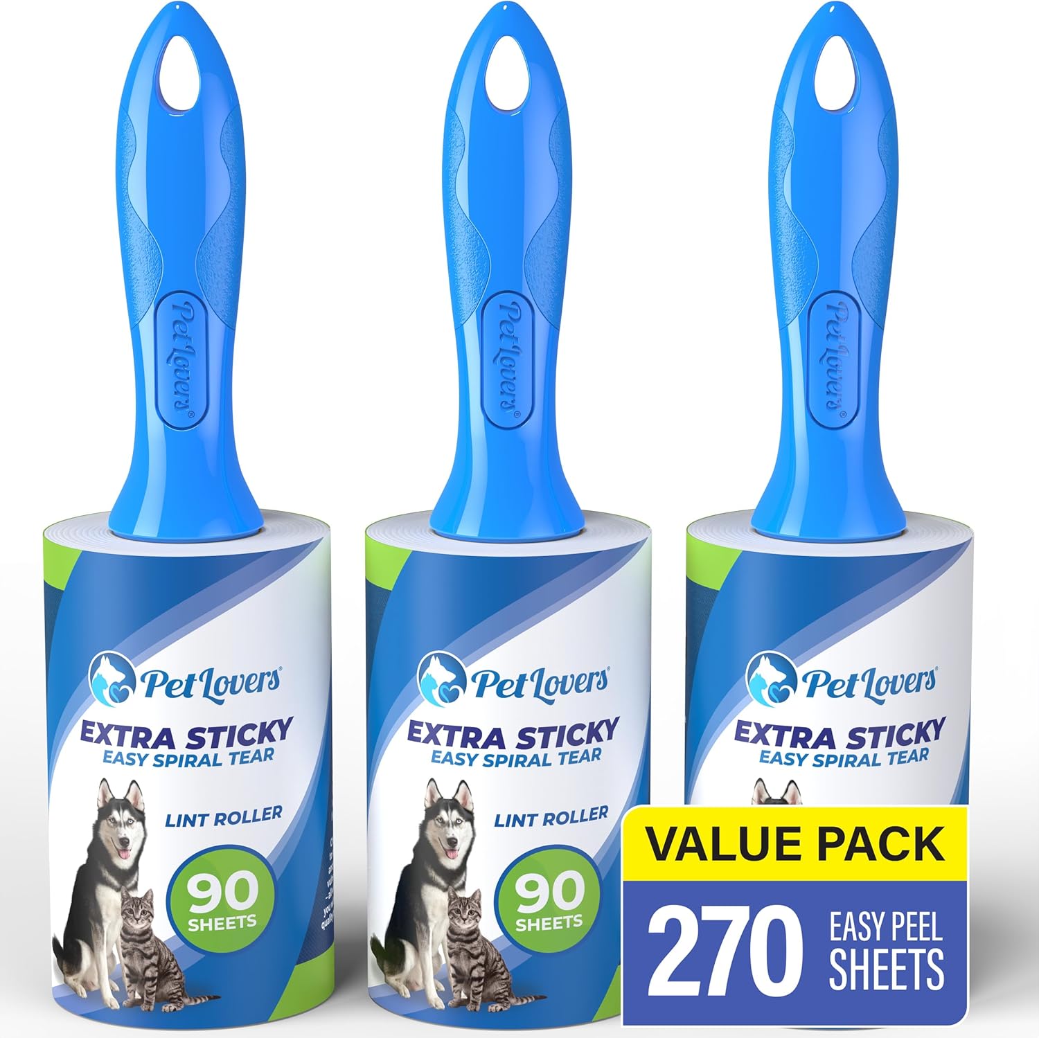 PetLovers Extra Sticky Lint Roller Mega Value Set 450 Sheets for Pet Hair Removal, Dog and Cat Lint Remover 5 Pack