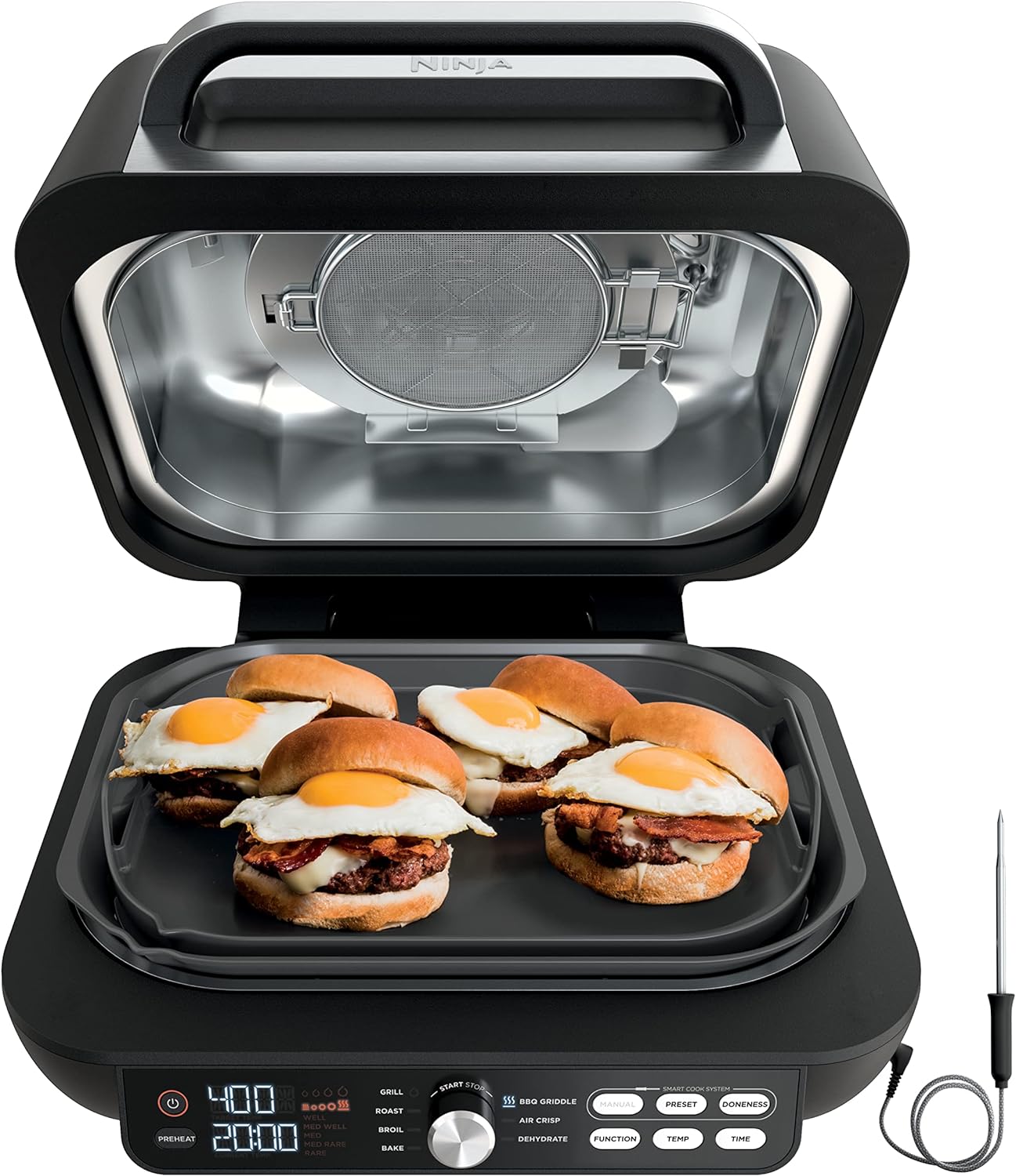 Ninja FG551 Foodi Smart XL 6-in-1 Indoor Grill with Air Fry, Roast, Bake, Broil & Dehydrate, Smart Thermometer, Black/Silver