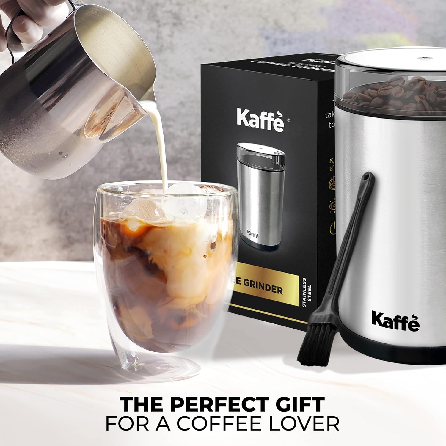 Kaffe One-Touch Coffee Grinder Electric w/Cleaning Brush (3 oz) - Coffee Grinders for Home Use - Up to 12 Cups of Coffee per Grind - Easy On/Off Coffee Bean Grinder - Black