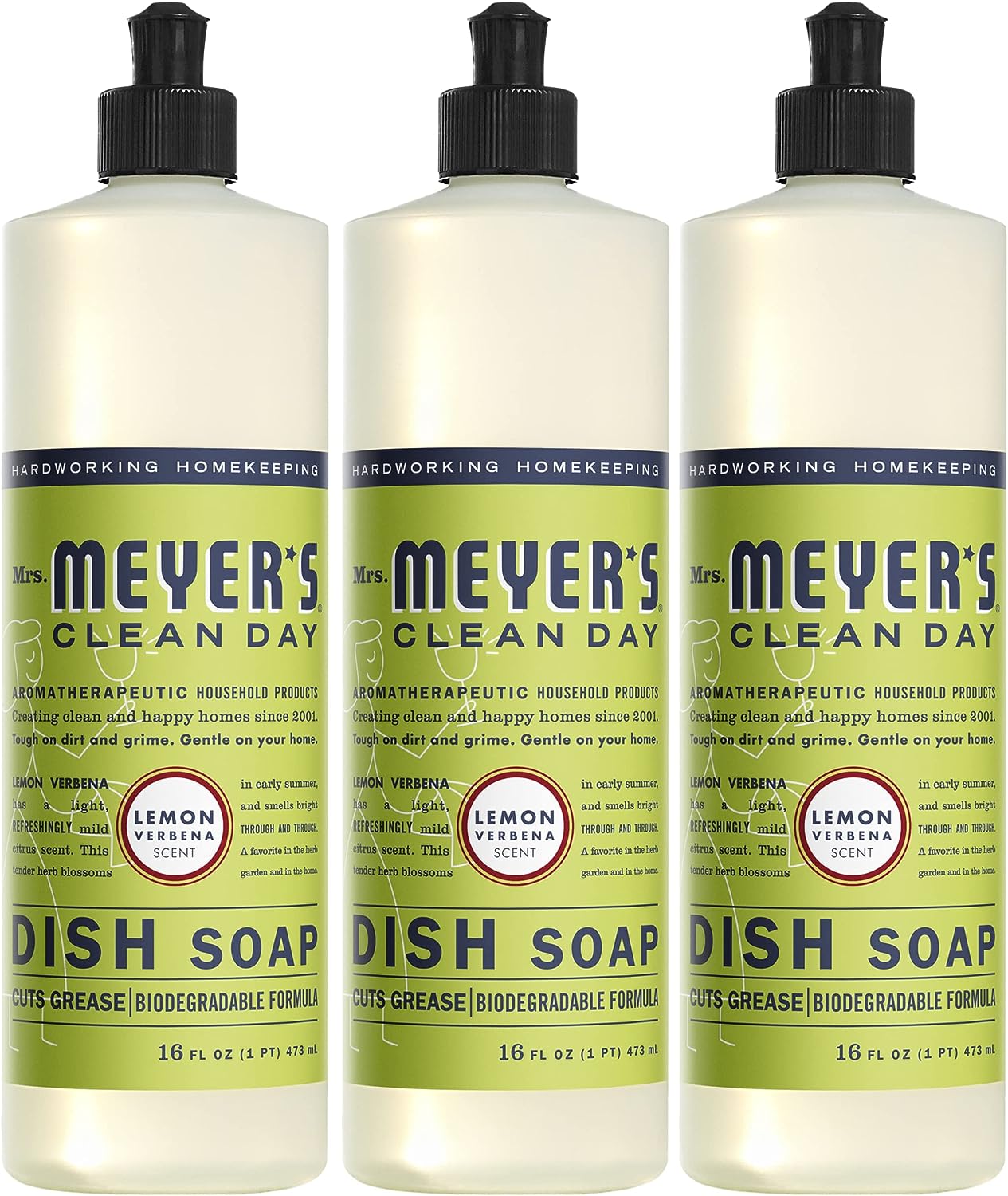 Mrs. Meyer's Liquid Dish Soap, Biodegradable Formula, Lemon Verbena, 16 Fl. Oz - Pack Of 3