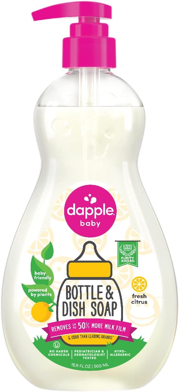 Dapple Baby Bottle Soap, Hypoallergenic Dish Soap for Baby Bottles, Powered by Plants, 1 Pump Included, Packaging May Vary, Fragrance Free, 16.9 Fl Oz (Pack of 3)