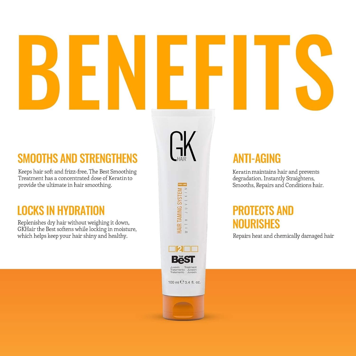 GK HAIR Global Keratin The Best (3.4 Fl Oz/100ml) Smoothing Keratin Hair Treatment - Professional Brazilian Complex Blowout Straightening For Silky Smooth & Frizz Free Hair