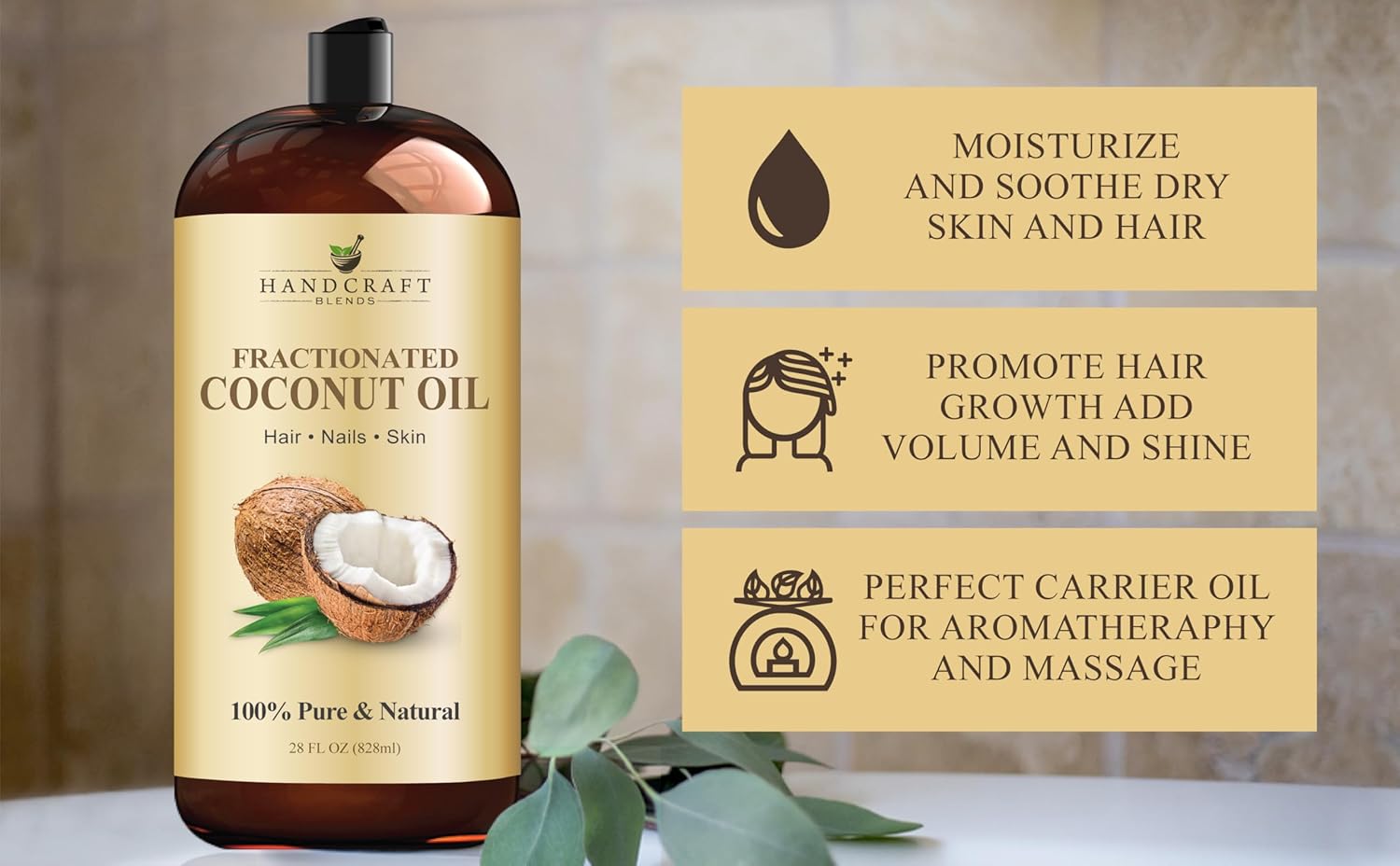 Handcraft Blends Fractionated Coconut Oil - 16 Fl Oz - 100% Pure and Natural - Premium Grade Oil for Skin and Hair - Carrier Oil - Hair and Body Oil - Massage Oil - Hair Tonic