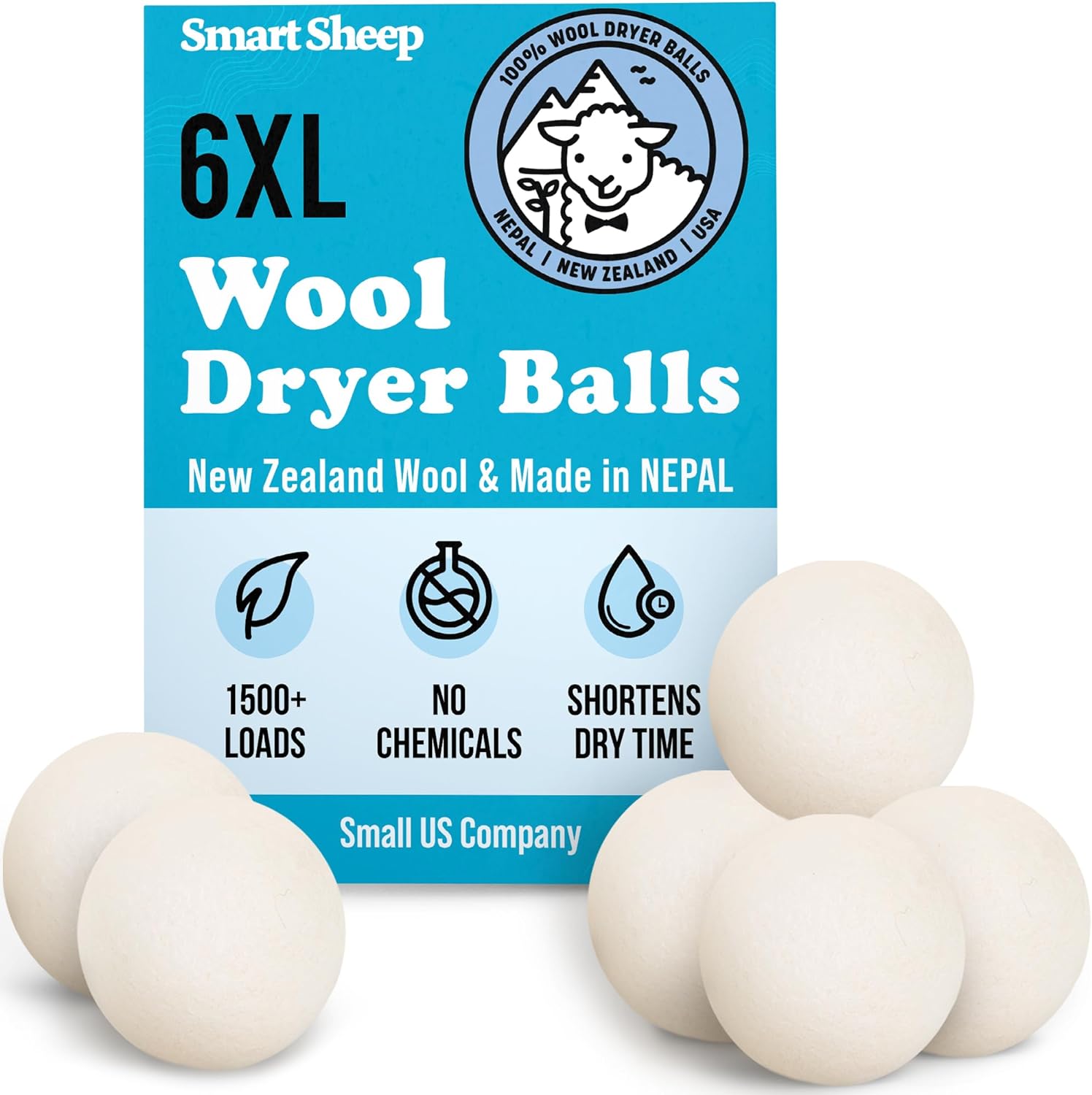 Smart Sheep Wool Dryer Balls - Smart Sheep 6-Pack - XL Premium Natural Fabric Softener Award-Winning - Wool Balls Replaces Dryer Sheets - Wool Balls for Dryer - Laundry Balls for Dryer