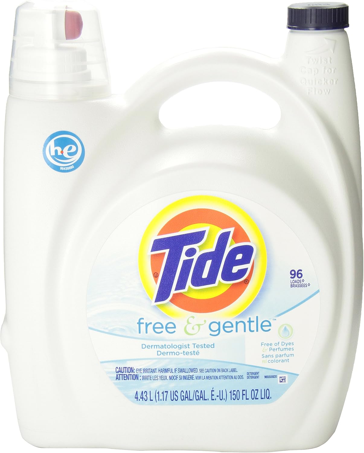 Tide Free & Gentle Laundry Detergent Liquid, HE Compatible, 100 Loads, 132 fl oz Hypoallergenic Laundry Detergent for Sensitive Skin