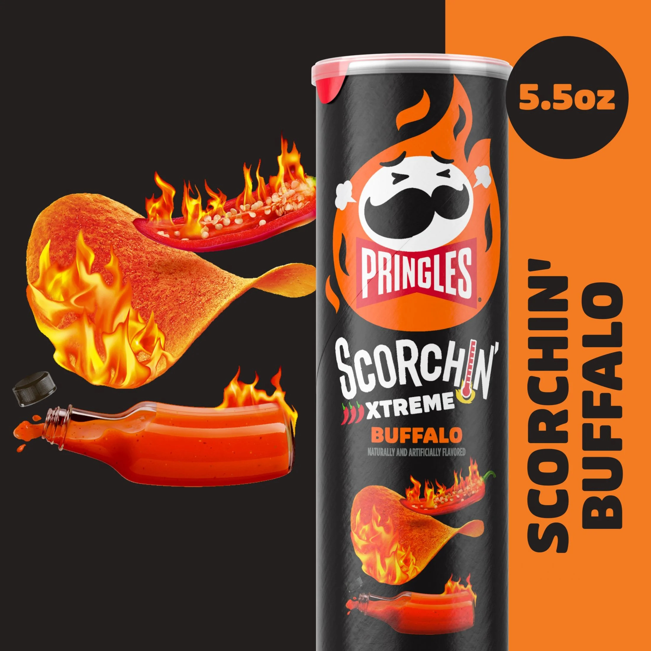 (6 pack) Pringles Scorchin' Buffalo Flavored Potato Crisps, 5.5 oz Canister