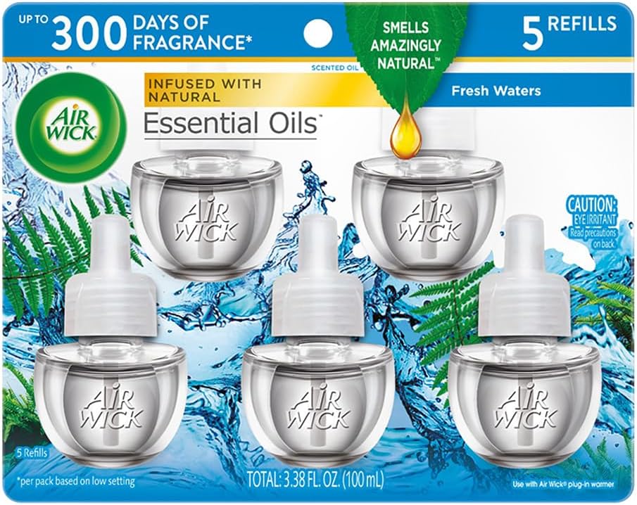 Air Wick Plug in Scented Oil Refill, 5ct, Fresh Linen, Essential Oils, Air Freshener
