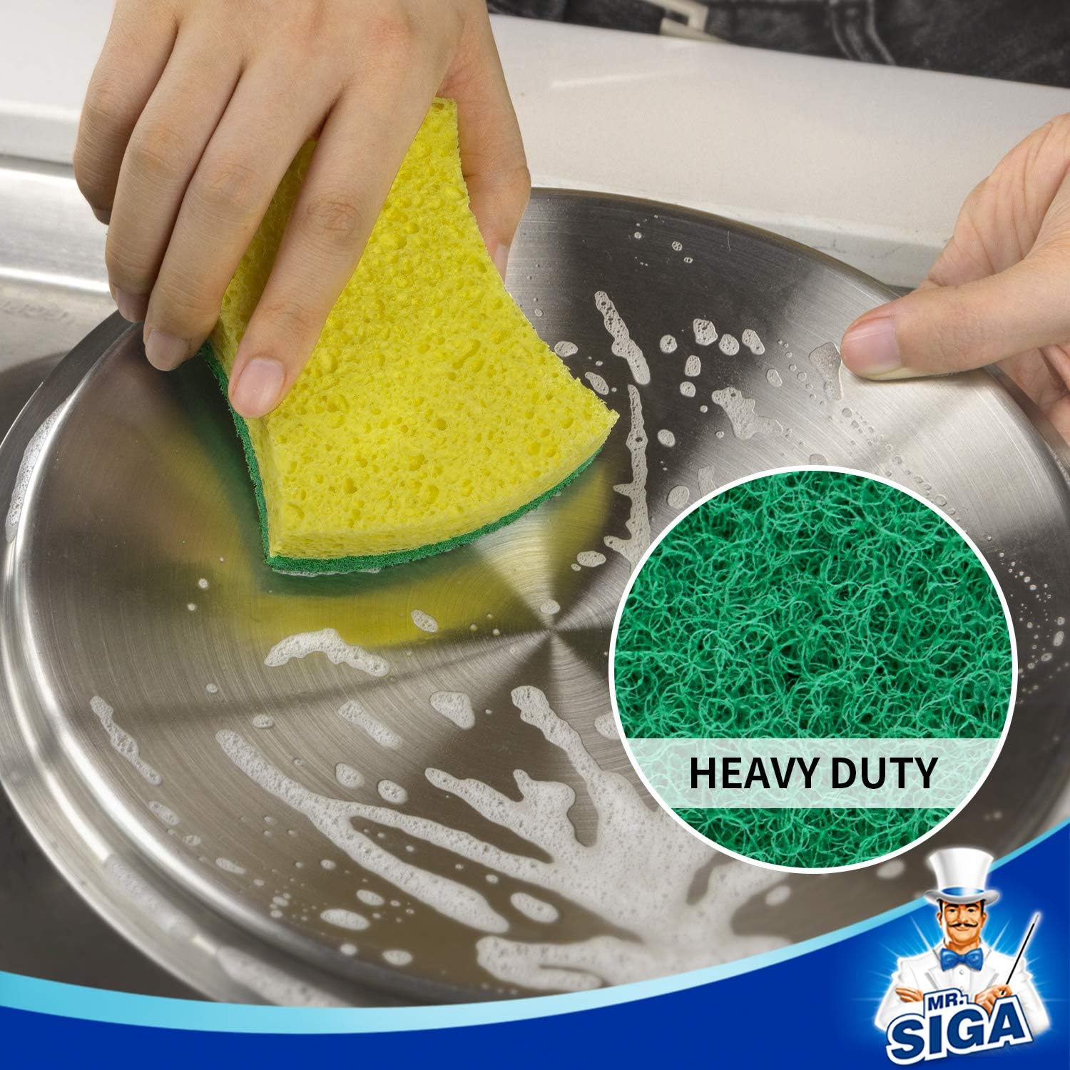 MR.SIGA Non-Scratch Cellulose Scrub Sponge, Dual-Sided Dishwashing Sponge for Kitchen, 12 Pack