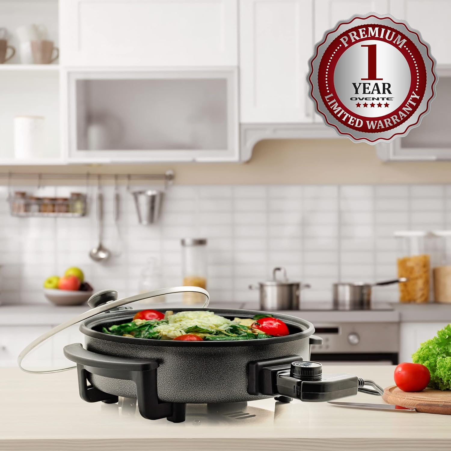 OVENTE 12 Inch Electric Skillet and Frying Pan with Nonstick Coating, 1400W Power, Adjustable Temperature Control, Tempered Glass Lid with Vent and Cool Touch Handles, Black SK11112B