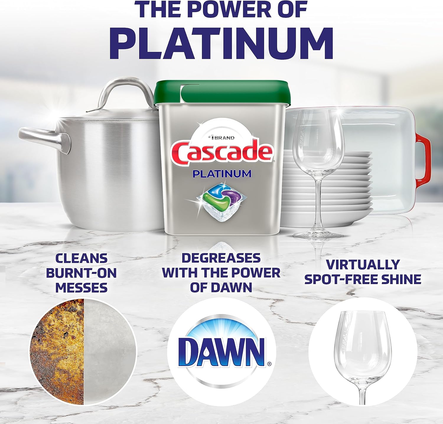 Cascade Platinum Dishwasher Pods, Detergent, Soap Pods, Actionpacs with Dishwasher Cleaner and Deodorizer Action, Fresh, 62 Count