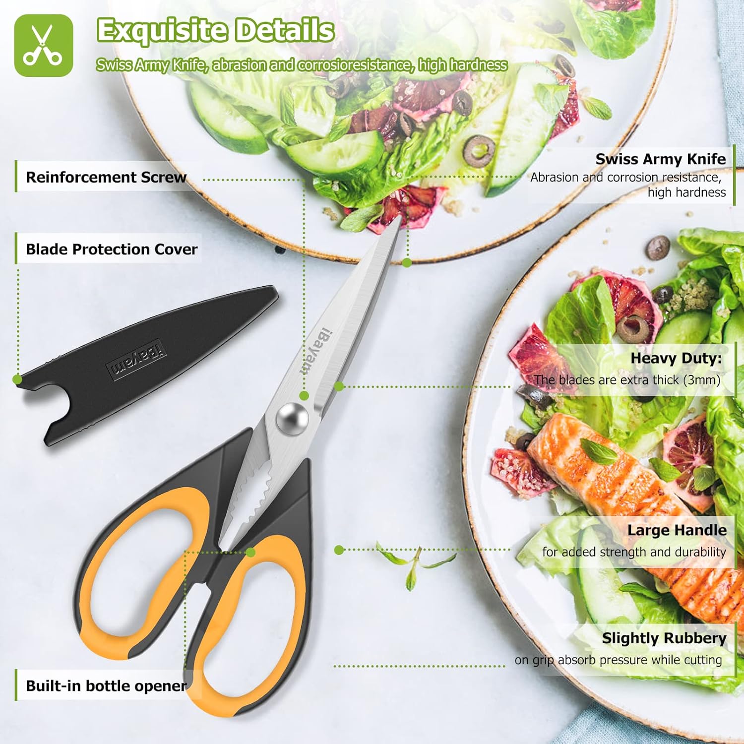 iBayam Kitchen Scissors All Purpose Heavy Duty Meat Poultry Shears, Dishwasher Safe Food Cooking Scissors Stainless Steel Utility Scissors, 2-Pack (Black Red, Black Gray)