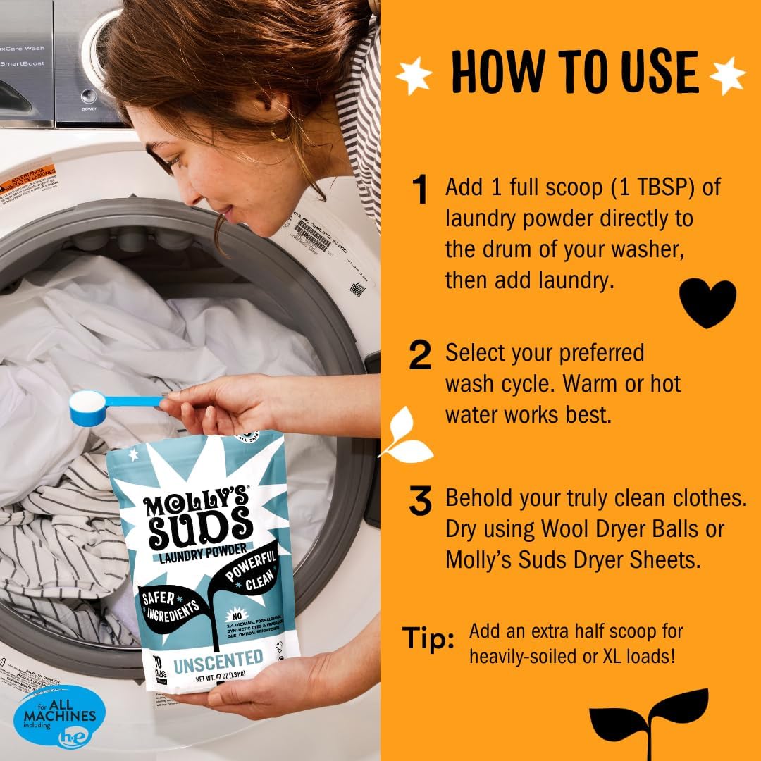 Molly's Suds Original Laundry Detergent Powder | Natural Laundry Detergent Powder for Sensitive Skin | Earth-Derived Ingredients, Stain Fighting | 120 Loads (Unscented)