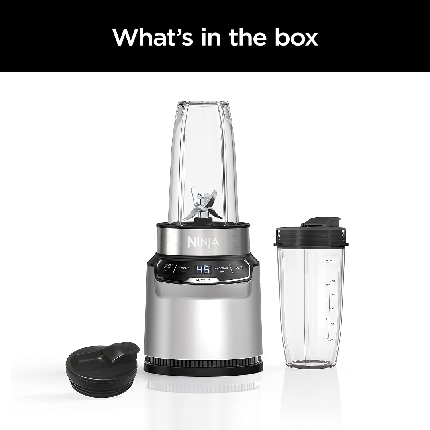 Ninja BN301 Nutri-Blender Plus Compact Personal Blender, 900-Peak-Watt Motor, Frozen Drinks, Smoothies, Sauces & More, (3) 20 oz. To-Go Cups, (2) Spout-Lids (1) Storage-Lid, Dishwasher Safe, Silver