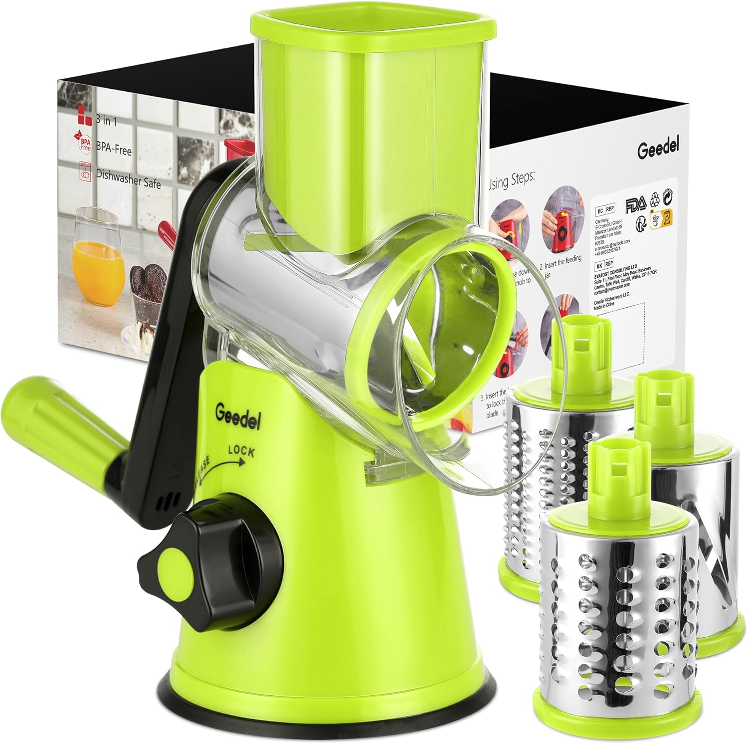 Geedel Rotary Cheese Grater, Kitchen Mandoline Vegetable Slicer with 3 Interchangeable Blades, Easy to Clean Grater for Fruit, Vegetables, Nuts