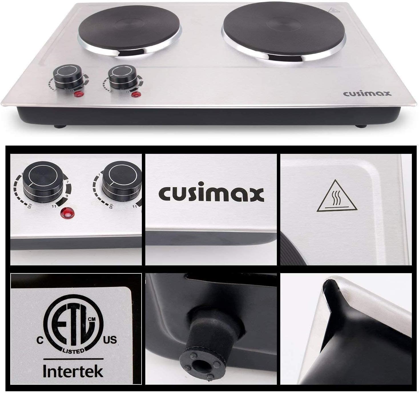 CUSIMAX 1800W Ceramic Electric Hot Plate for Cooking, Dual Control Infrared Cooktop, Double Burner, Portable Countertop Burner, Glass Plate Electric Cooktop, Silver, Stainless Steel-Upgraded Version