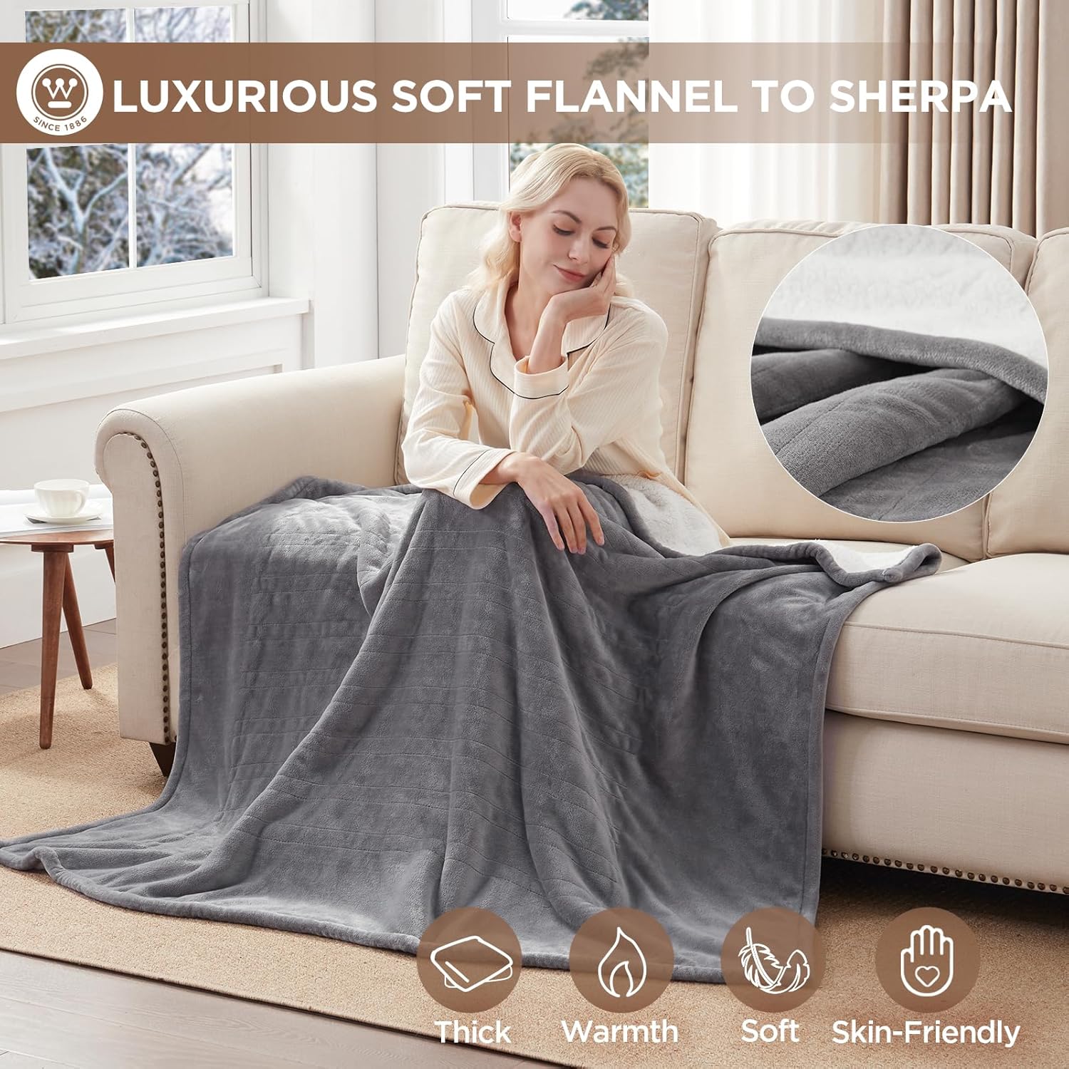 Westinghouse Heated Throw Blanket, Soft Flannel to Sherpa Electric Throw with 6 Heating Levels, 2-10 Hours Time Settings, Fast Heating, Machine Washable 50x60 Inch, Charcoal