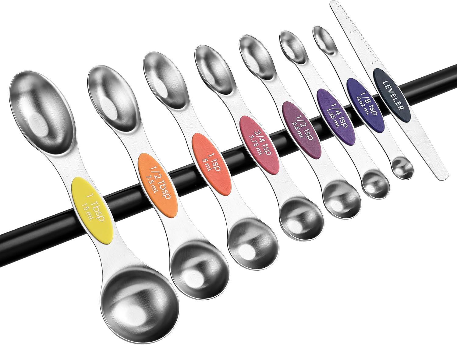 Spring Chef Magnetic Measuring Spoons Set with Strong N45 Magnets, Heavy Duty Stainless Steel Metal, Fits in Most Kitchen Spice Jars for Baking & Cooking, BPA Free, Black, Set of 8 with Leveler
