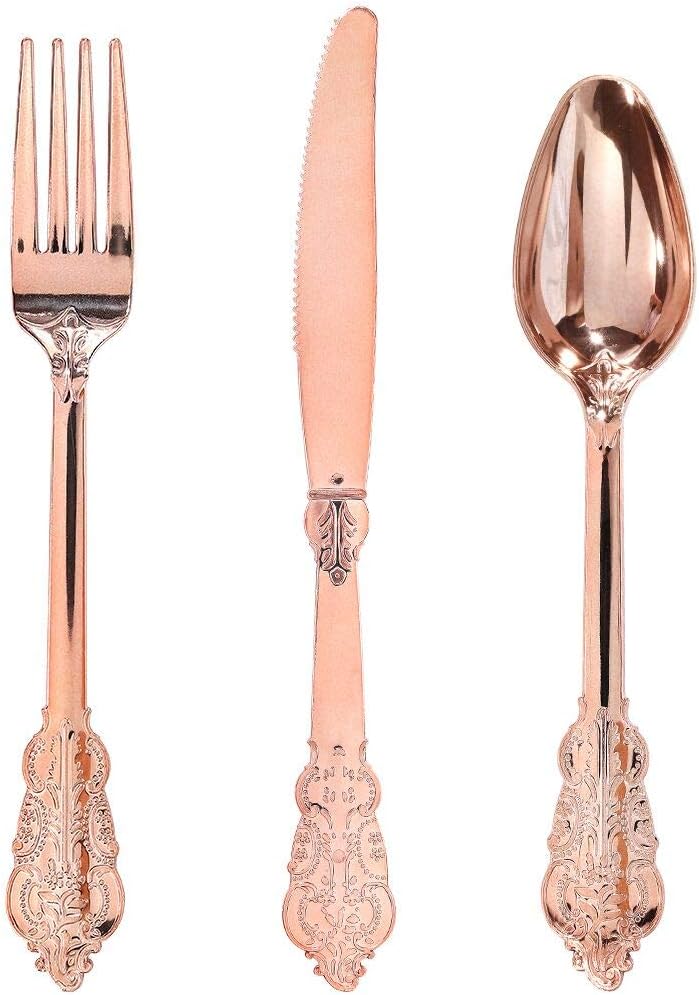 WDF300 Pieces Gold Plastic Silverware - Heavy Duty Disposable Gold Cutlery Set Plastic Gold Silverware Set Plastic Includes 100 Forks, 100 Spoons, 100 Knives