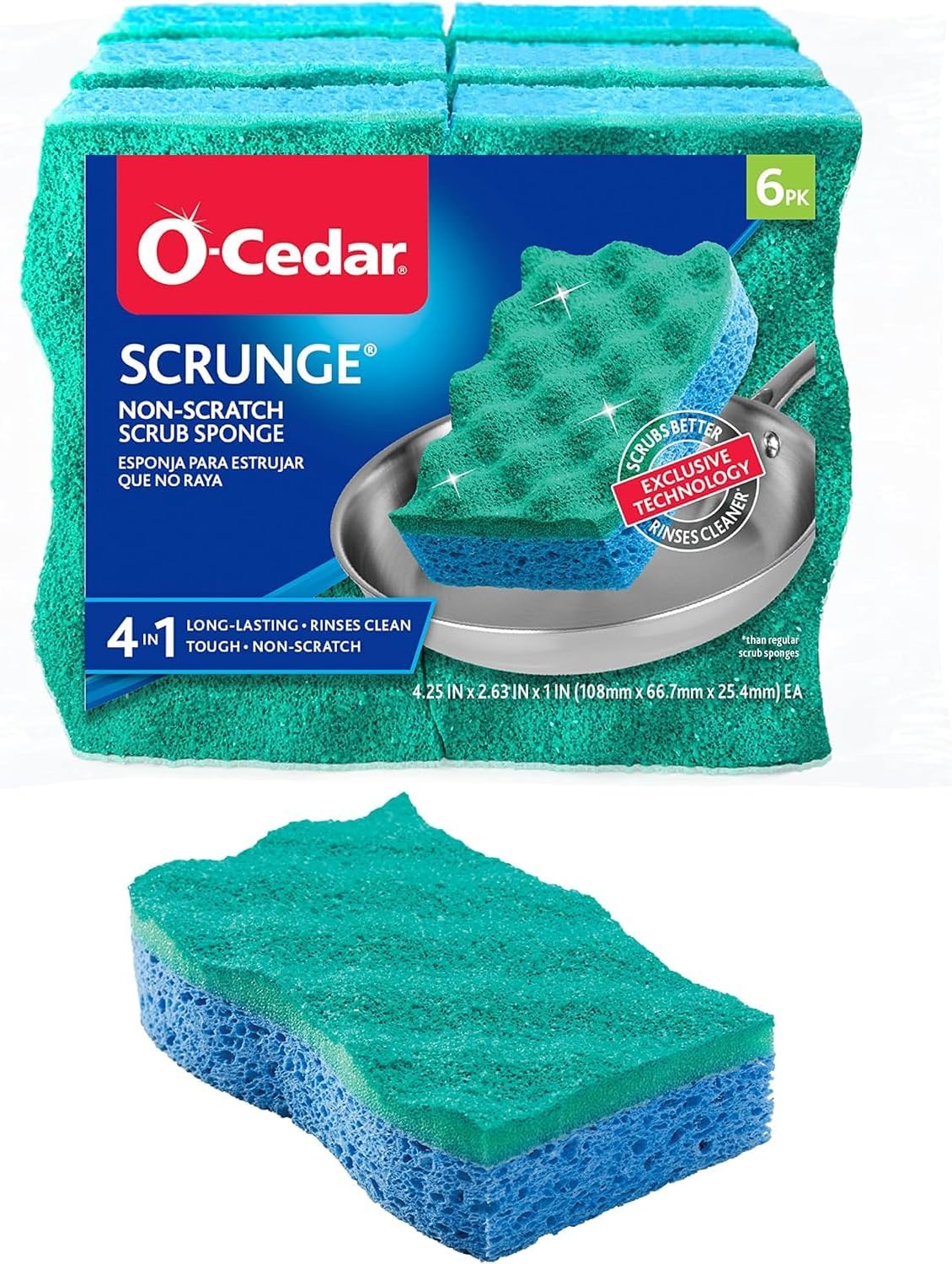 O-Cedar Scrunge Multi-Use (Pack of 6) Non-Scratch, Odor-Resistant All-Purpose Scrubbing Sponge Safely Cleans All Hard Surfaces in Kitchen and Bathroom, 6 Count (Pack of 1), Blue