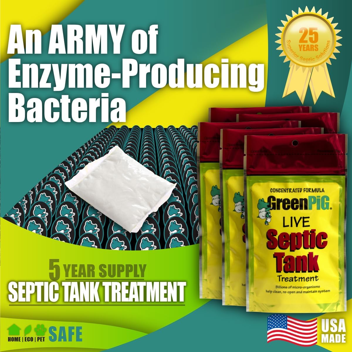 Green Pig 52 Live Septic Tank Treatment Ultimate Solution in Preventing Expensive Backups, Clogs, or Drain Field Failures with 4-Easy Drop-in and Flush, 1-Year Supply- 4 Packets, 4 Count