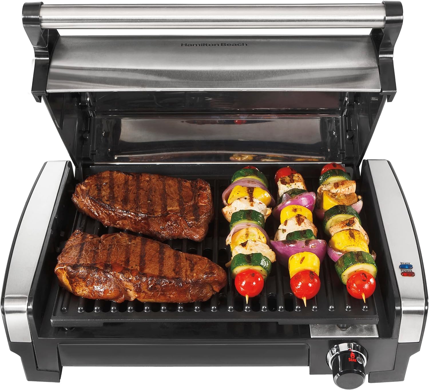 Hamilton Beach Electric Indoor Searing Grill with Viewing Window & Adjustable Temperature Control to 450F, 118 sq. in. Surface Serves 6, Removable Nonstick Grate, Stainless Steel