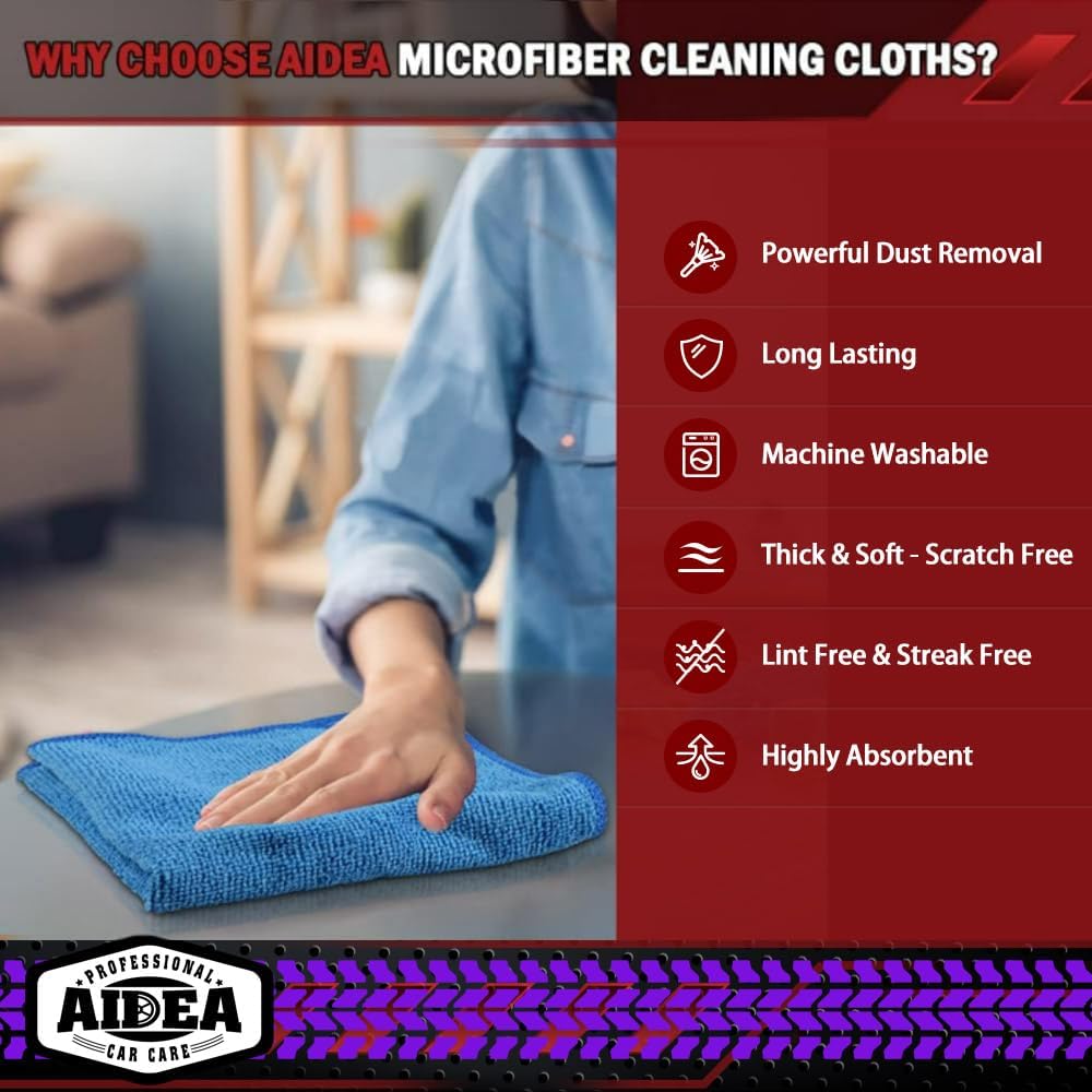 AIDEA Microfiber Cleaning Cloths-50PK, Microfiber Towels for Cars, Premium All-Purpose Car Cloth, Dusting Cloth Cleaning Rags, Absorbent Microfiber Cloth for SUVs, House, Kitchen, Window-12×12