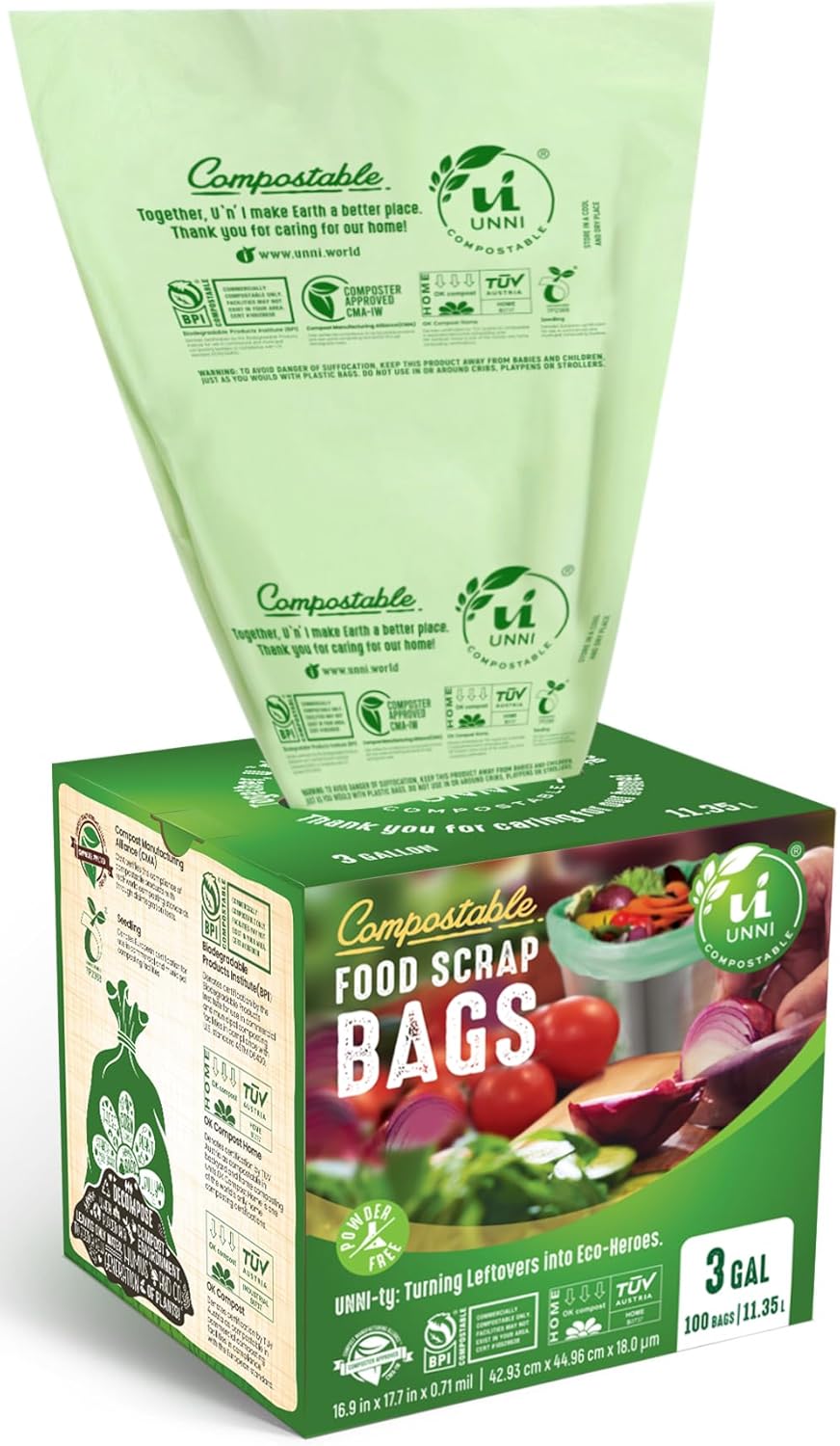 UNNI Compostable Liner Bags, 13 Gallon, 49.2 Liter, 50 Count, Heavy Duty 0.85 Mil, Tall Kitchen Food Scrap Waste Bags, ASTM D6400, US BPI, CMA and Europe OK Compost Home Certified, San Francisco