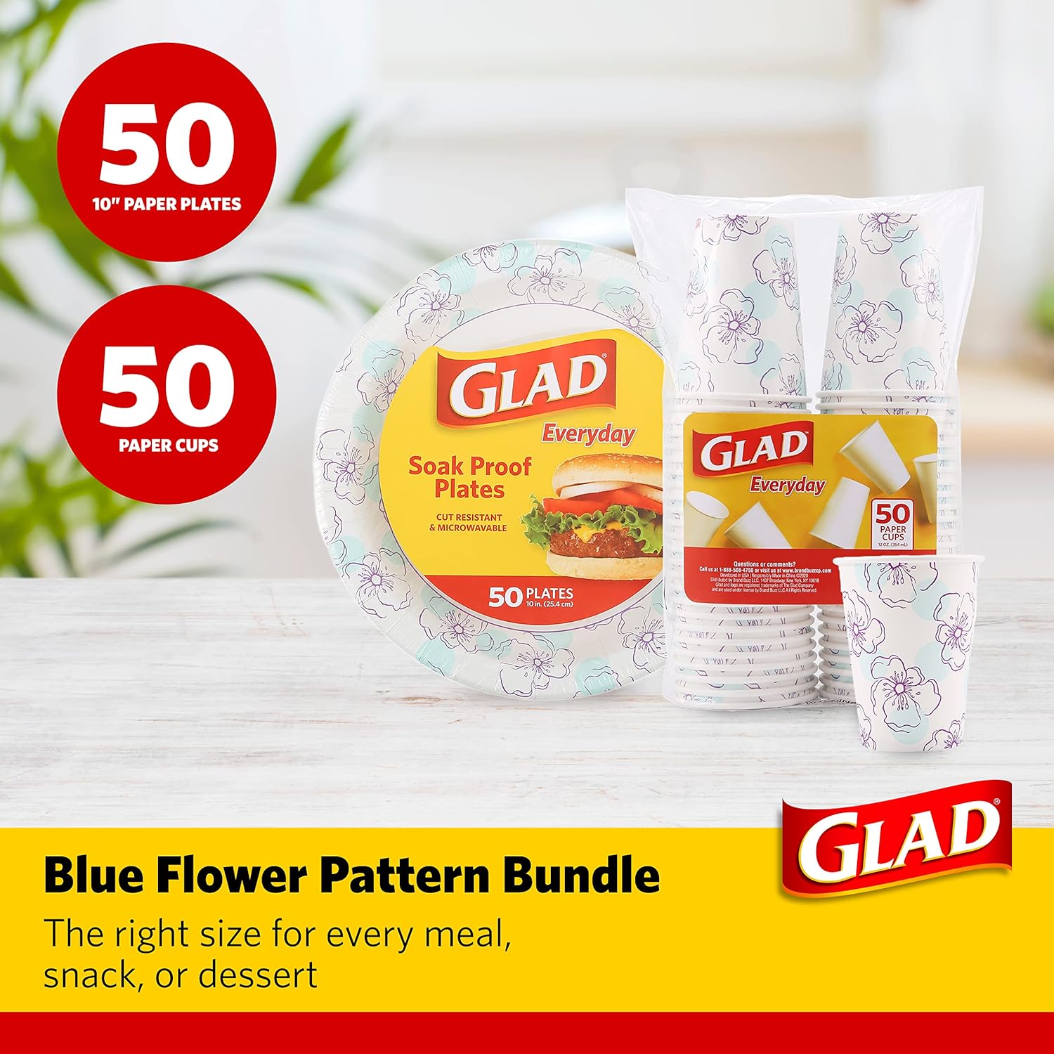 Glad Round Disposable Paper Plates 10 in, Blue Flower|Soak Proof, Cut Proof, Microwave Safe Heavy Duty Paper Plates For Parties|50 Count Bulk Paper Plates 10 Inch