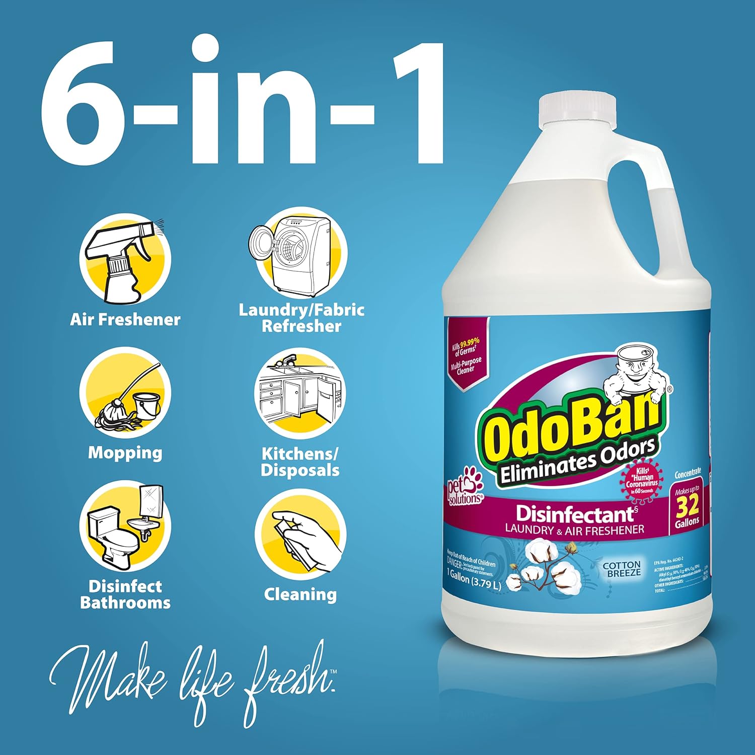 OdoBan Disinfectant Concentrate and Odor Eliminator, 2 Gallons, Cotton Breeze Scent