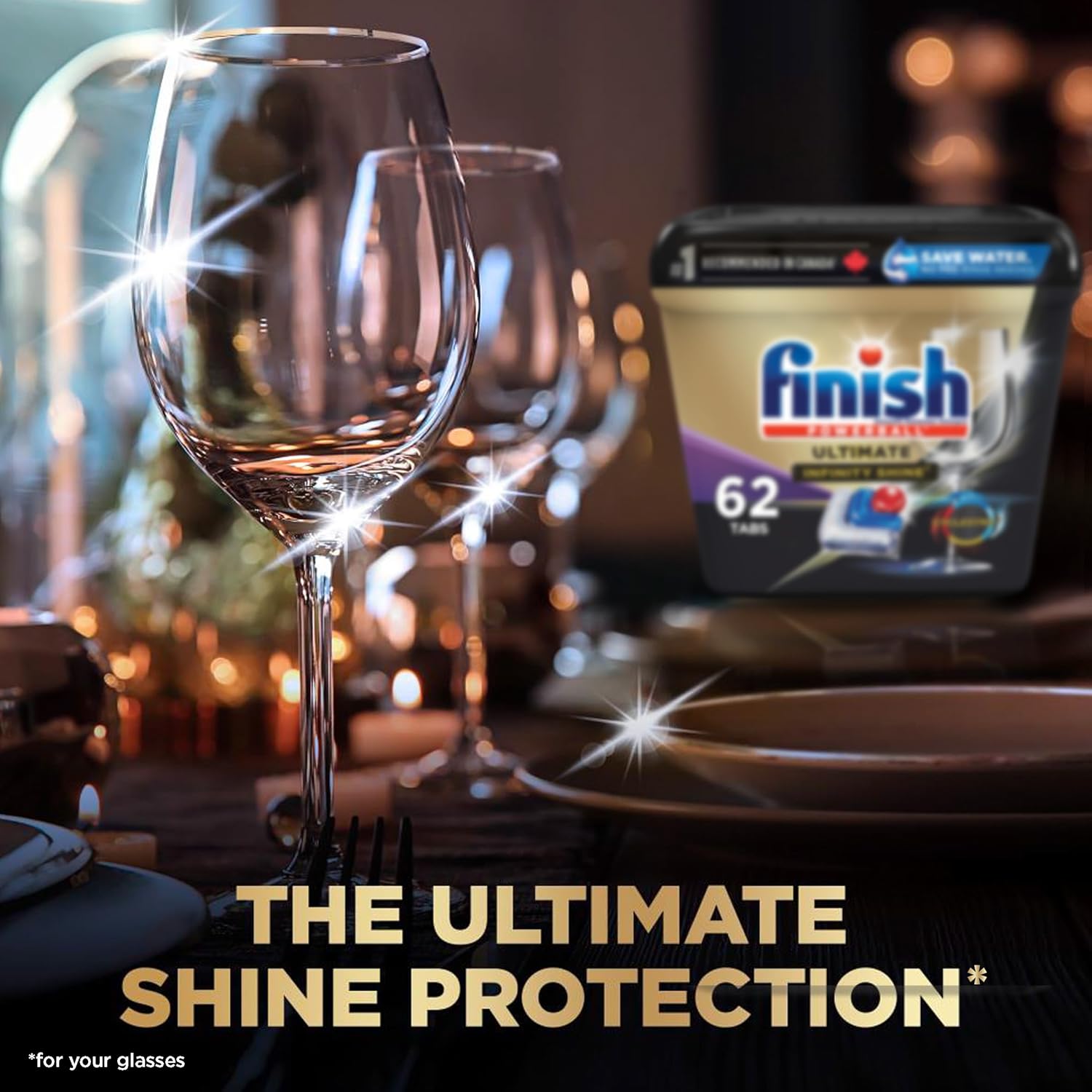 Finish Ultimate Plus Infinity Shine Dishwasher Pods, No Pre-Rinse Dishwasher Detergent Tabs with Protector Shield & CycleSyn Technology, Removes Burnt-On Stains, Degreases, Scrubbing Power, 62 Count