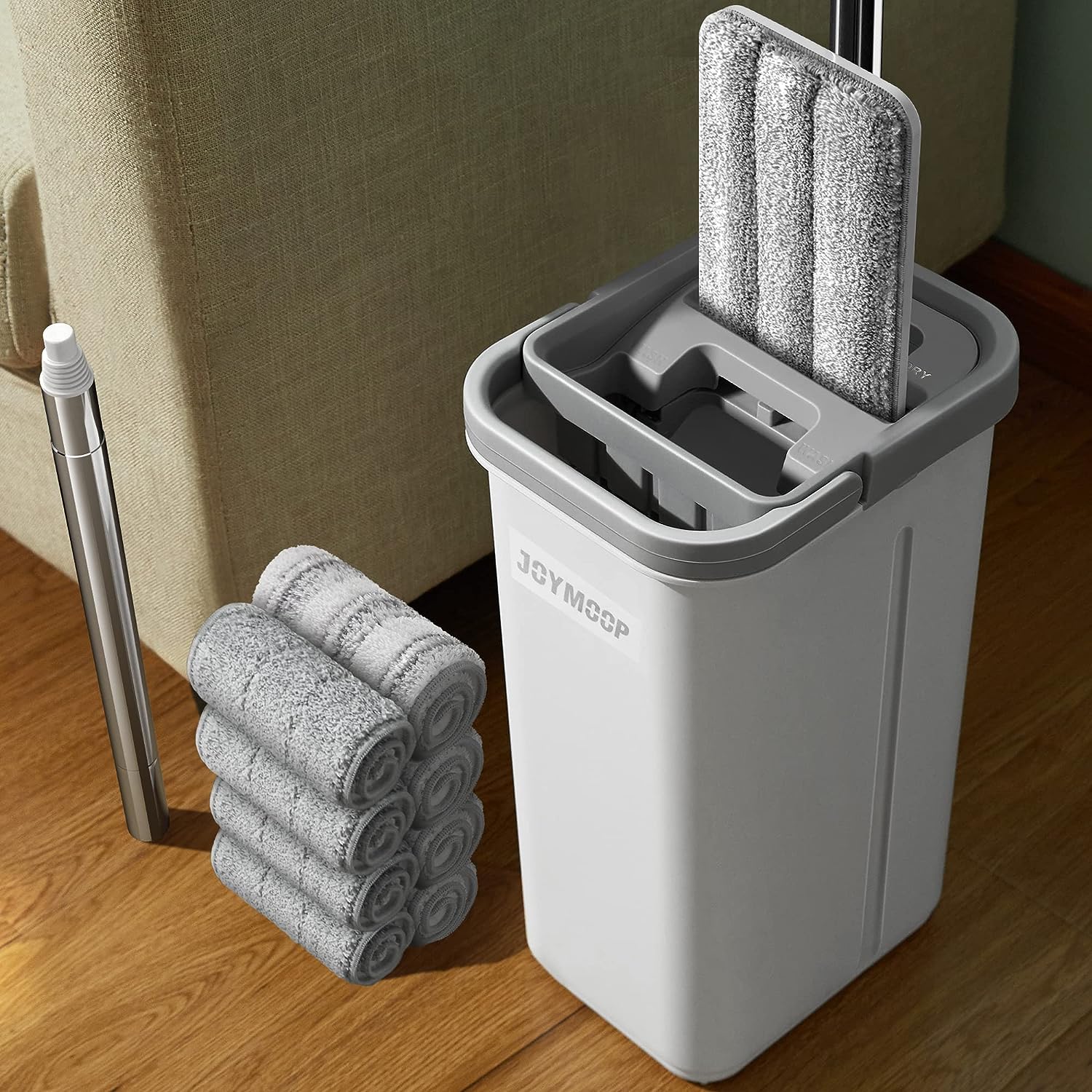 JOYMOOP mop and bucket with Wringer Set, Flat ,for floor cleaning with 3 Microfiber Pads, Wet and Dry Use, Household cleaning Tools, for Hardwood, Laminate, Tile