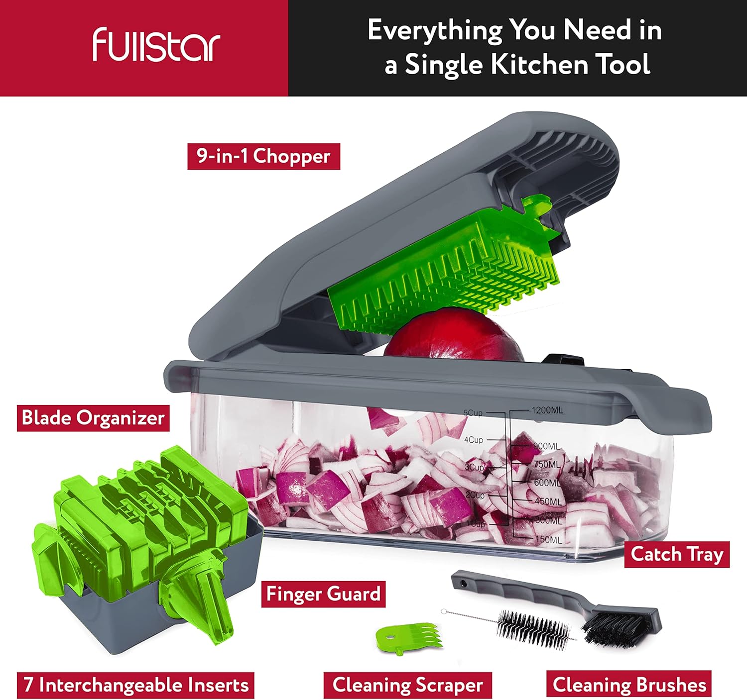 Fullstar Vegetable Chopper - Food Chopper - Onion Chopper - Vegetable Slicer & Spiralizer - Veggie Chopper with Container - Kitchen Gadgets - Home Essentials - Kitchen Accessories (4 in 1, White)