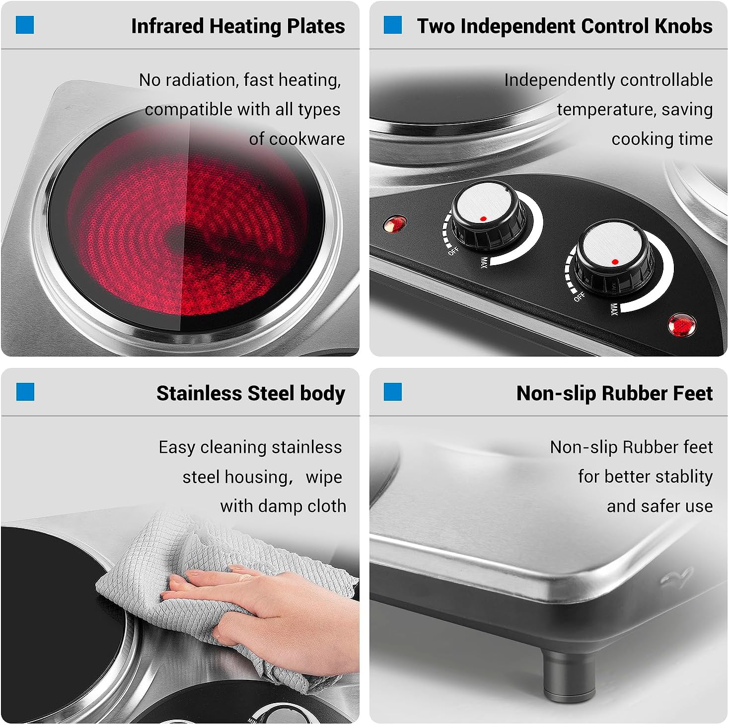 CUSIMAX Electric Hot Plate for Cooking Portable Single Burner 1500W Cast Iron hot plates Heat-up in Seconds Adjustable Temperature Control Stainless Steel Non-Slip Rubber Feet Upgraded Version B101