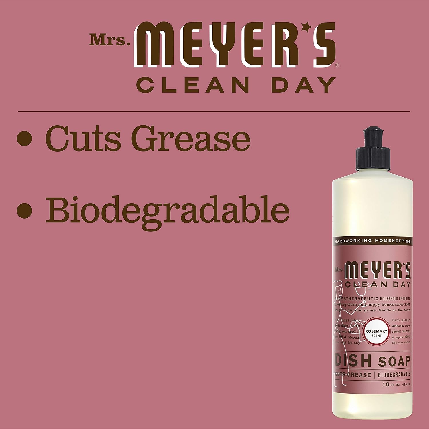 MRS. MEYER'S CLEAN DAY Liquid Dish Soap, Biodegradable Formula, Basil, 16 fl. oz - Pack of 3