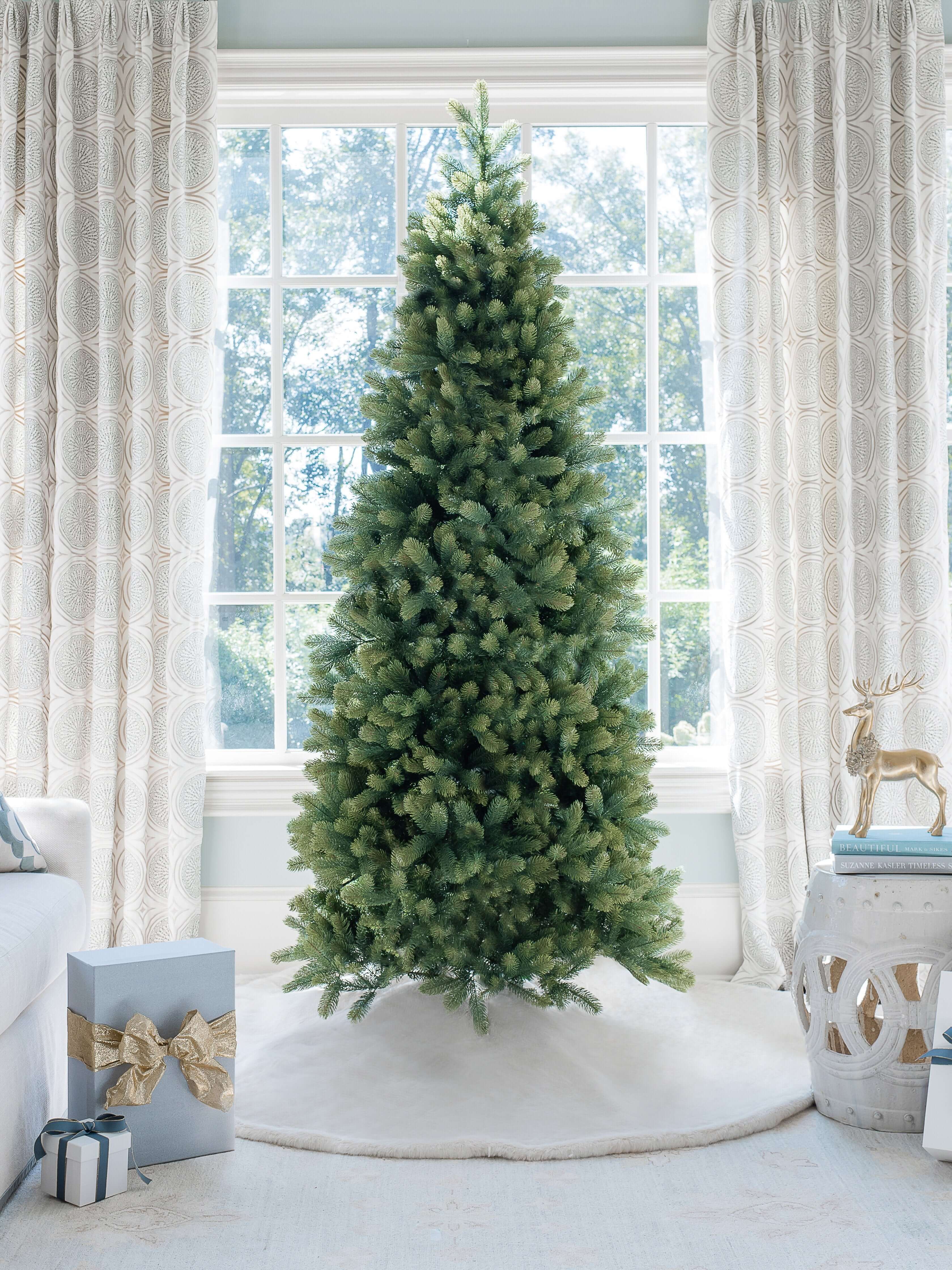 7.5' Royal Fir Slim Quick-Shape Artificial Christmas Tree with 650 Warm White & Multi-Color LED Lights