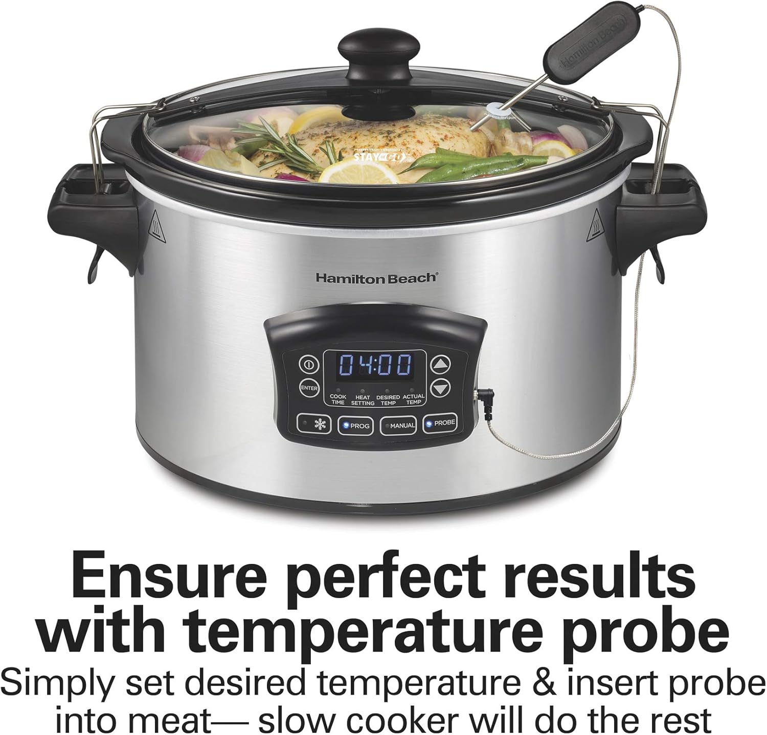 Hamilton Beach Portable 6 Quart Set & Forget Digital Programmable Slow Cooker with Lid Lock, Temperature Probe, Dishwasher Safe Crock & Lid, Black Stainless (33866)