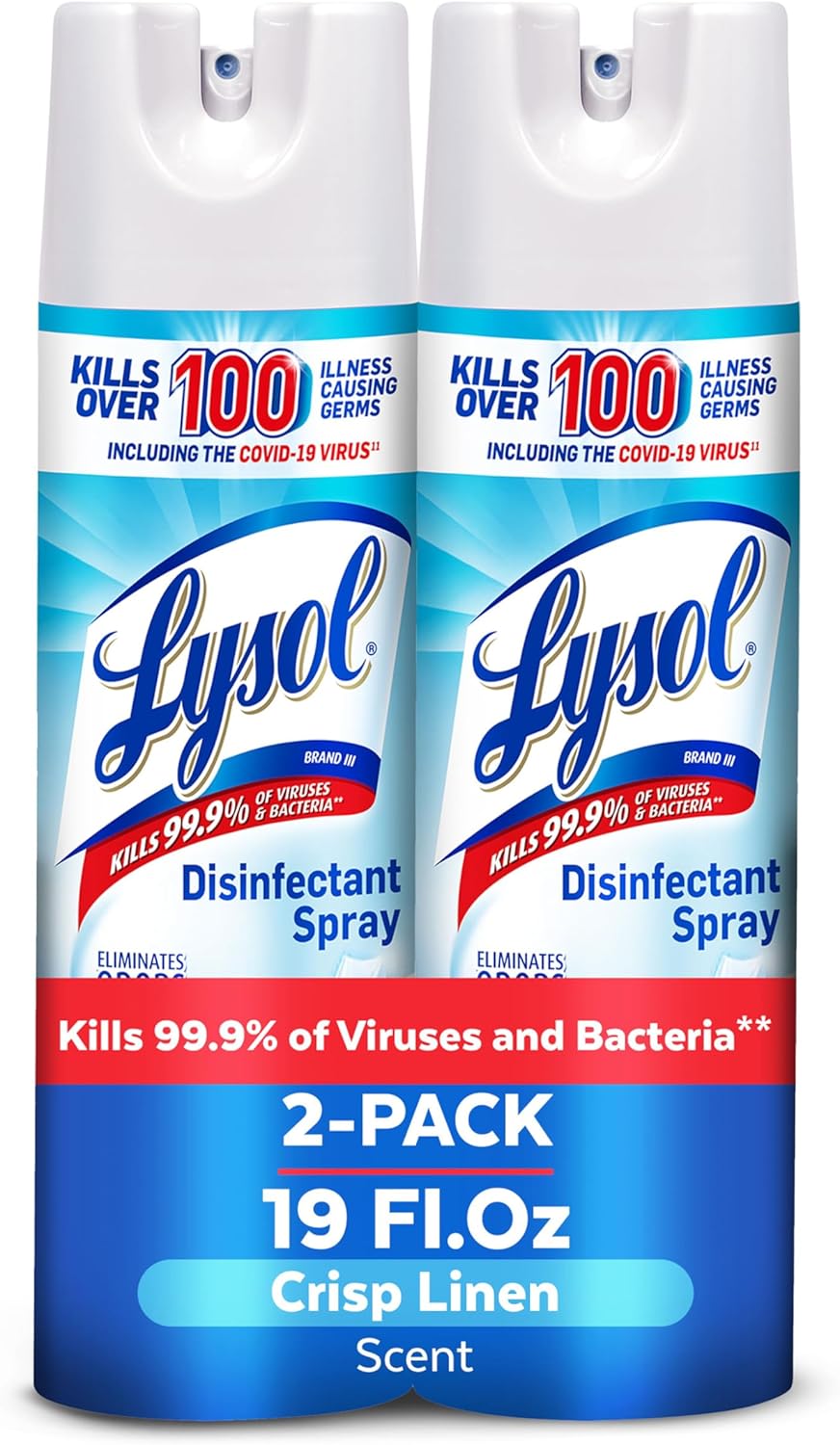 Lysol Disinfectant Spray, Household Essential Cleaning Supplies, Multi-Purpose Room Spray, Antibacterial Sanitizer Spray, Upholstery Deodorizer, Home and Bathroom, Crisp Linen,19 Fl Oz (Pack of 2)