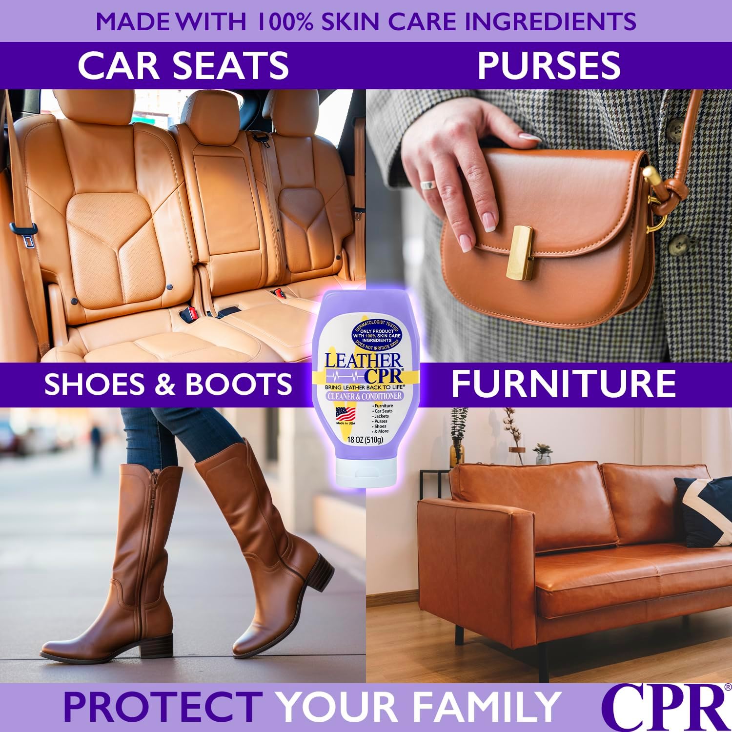 Leather CPR Leather Cleaner And Conditioner For Furniture, Car Interiors, And Leather Products, No-Fade Leather Couch Cleaner With Protectants, Non-Toxic Leather Couch Cleaner And Leather Protector