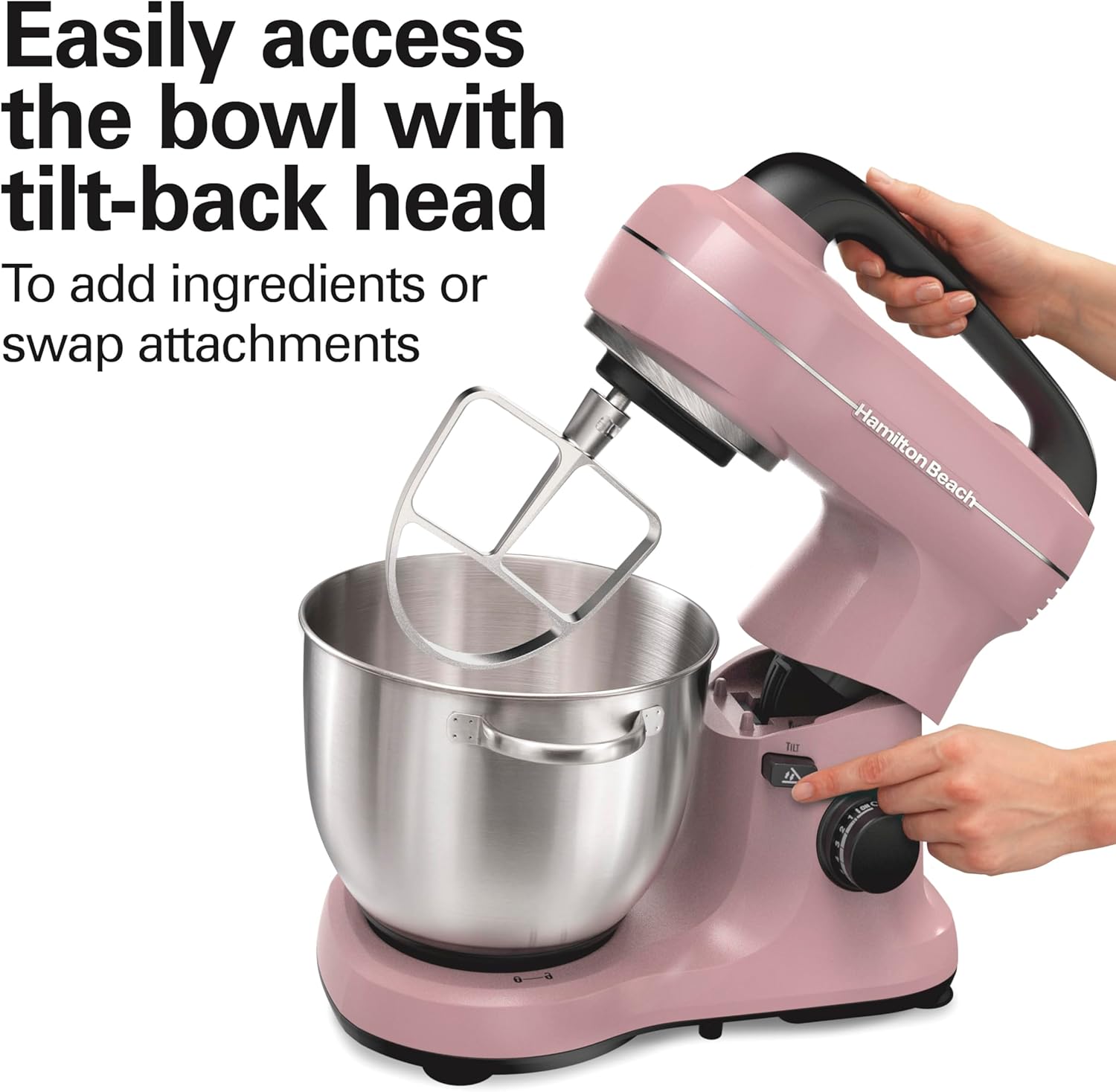 Hamilton Beach Electric Stand Mixer, 4 Quarts, Dough Hook, Flat Beater Attachments, Splash Guard 7 Speeds with Whisk, Black with Top Handle